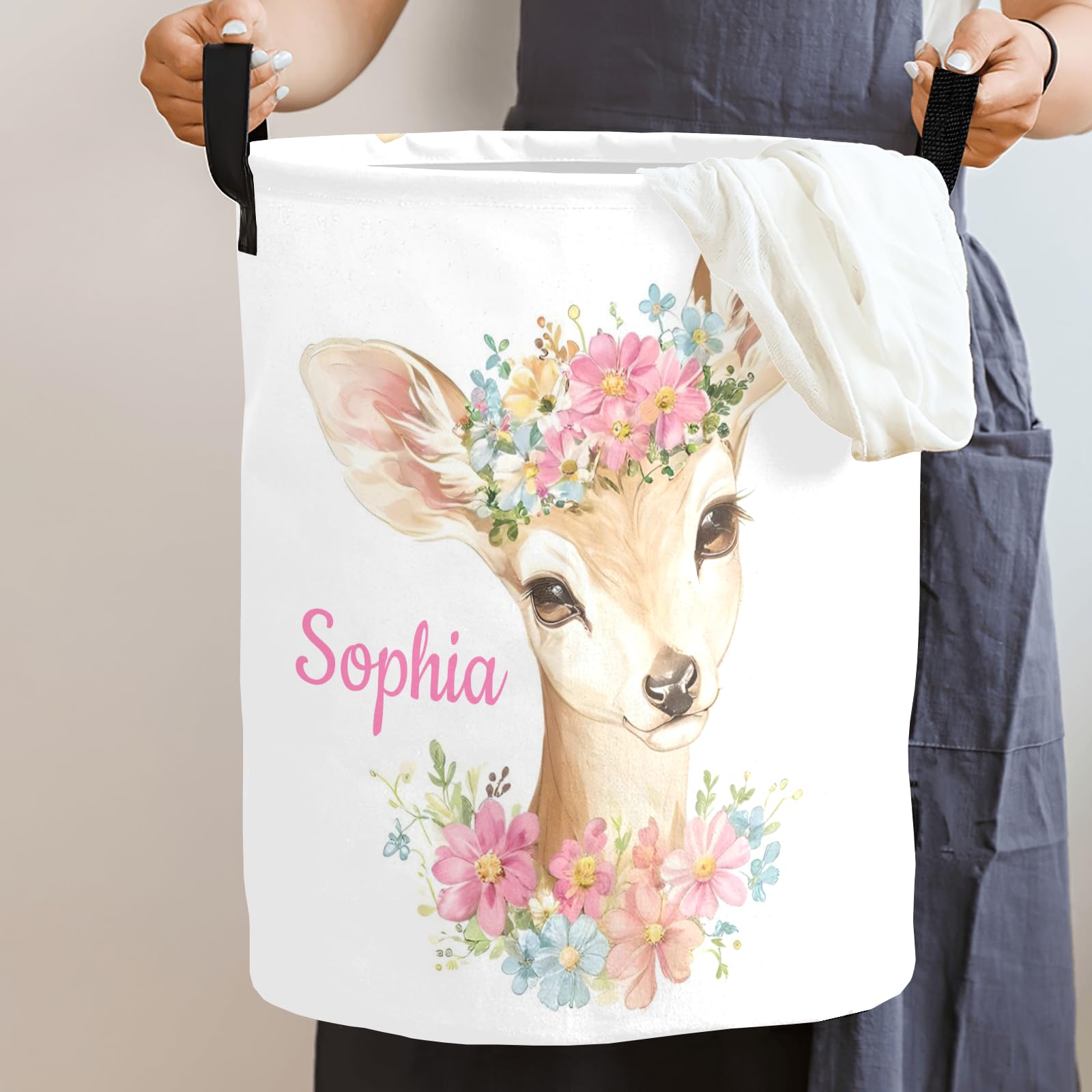 Deer Pink Florals Laundry Basket Hamper Large Storage Bin with Handles for Gift Baskets, Bedroom, Clothes