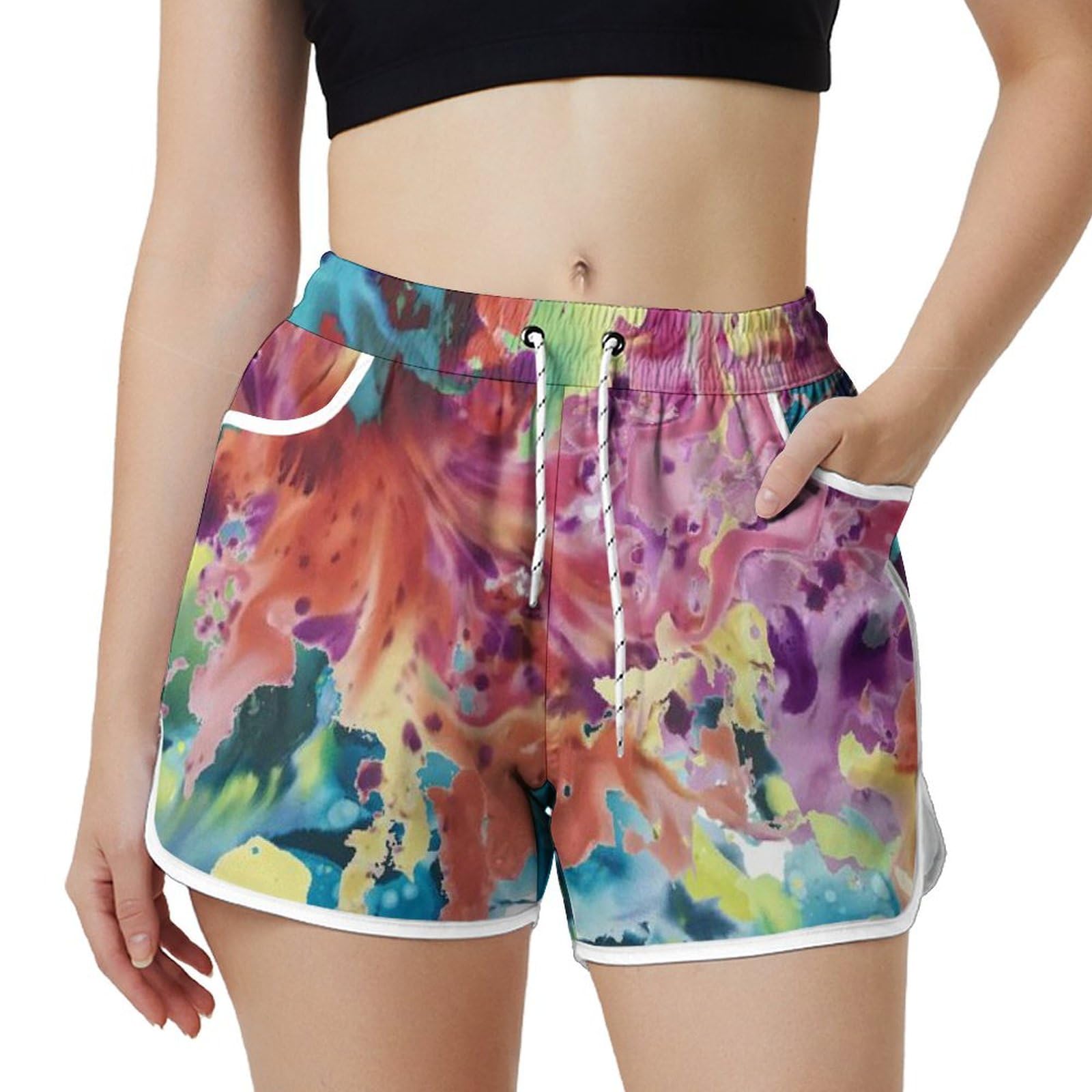 AYUNIX Women's Running Shorts with Pockets Quick Dry Performance Shorts for Women Colorful Tie Dye Athletic Workout Shorts