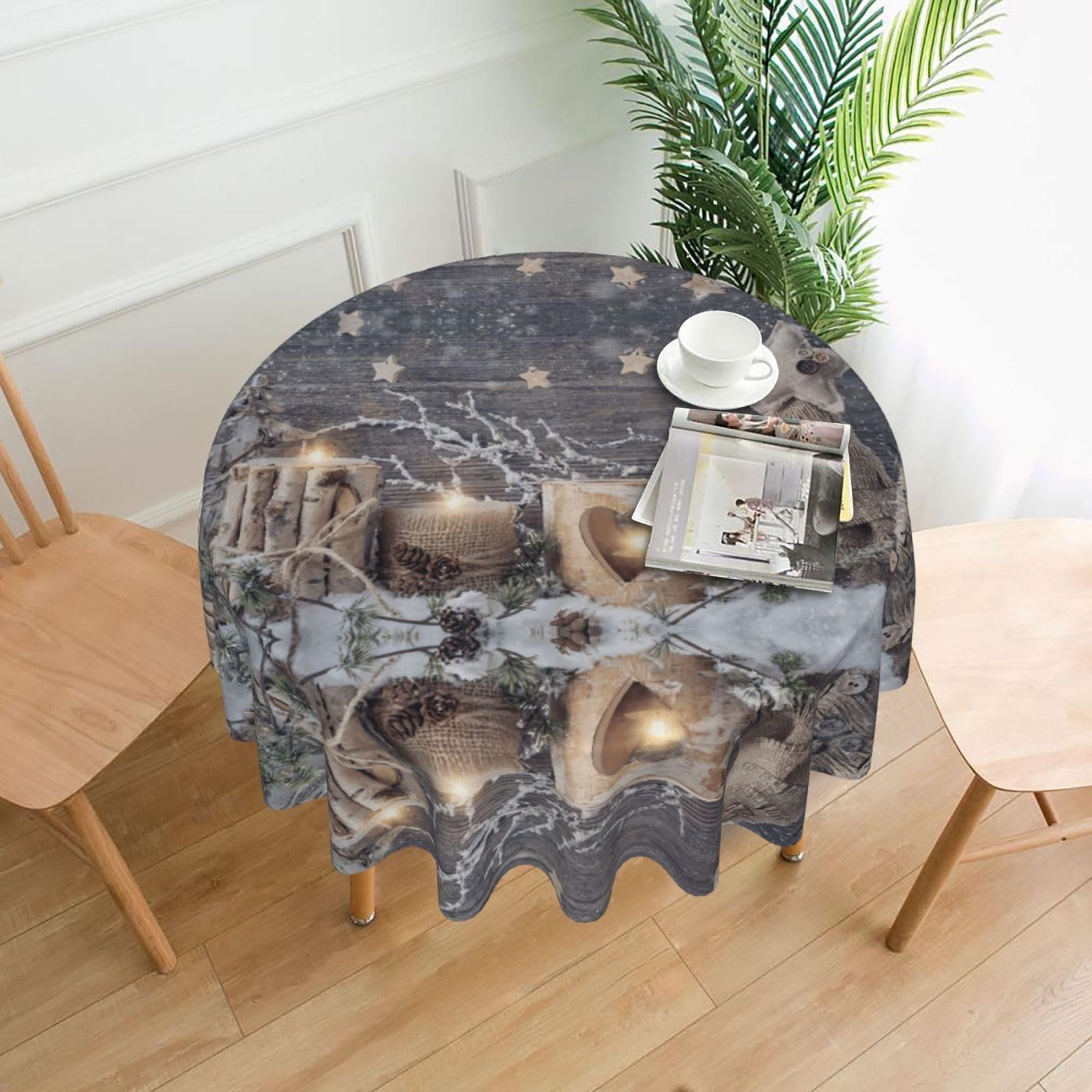Zcmkjlg Candle Winter Snow Fir Tree Leaves Print Quick Ship Round Tablecloth 60in Polyester Washable Cover for Dining Room