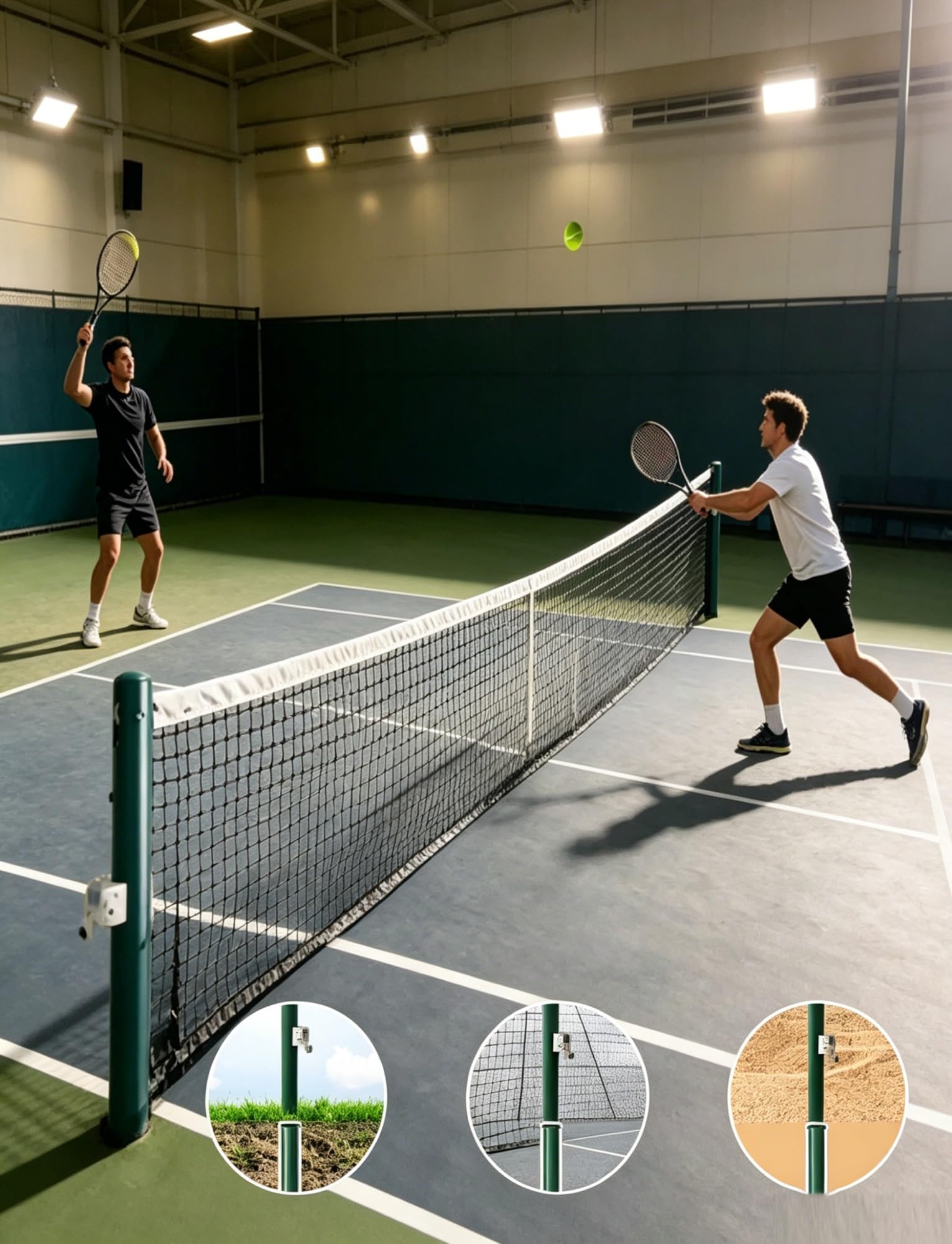 Rete da tennis permanente da 106,7 cm, pali da tennis in acciaio con maniche a terra, kit per pali fissi per cortile e campi scolastici
