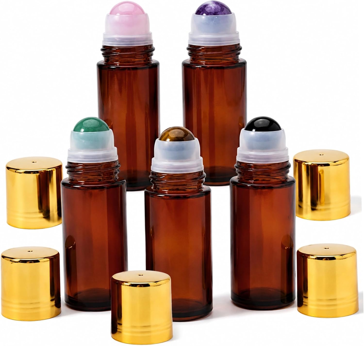 Glass Roller Bottles for Oils, 5Pcs 50ml Amber Glass Roller Bottle with Natural Crystal Rolling Ball, Rose Quartz & Amethyst & Green Aventurine & Tiger-eye & Obsidian..