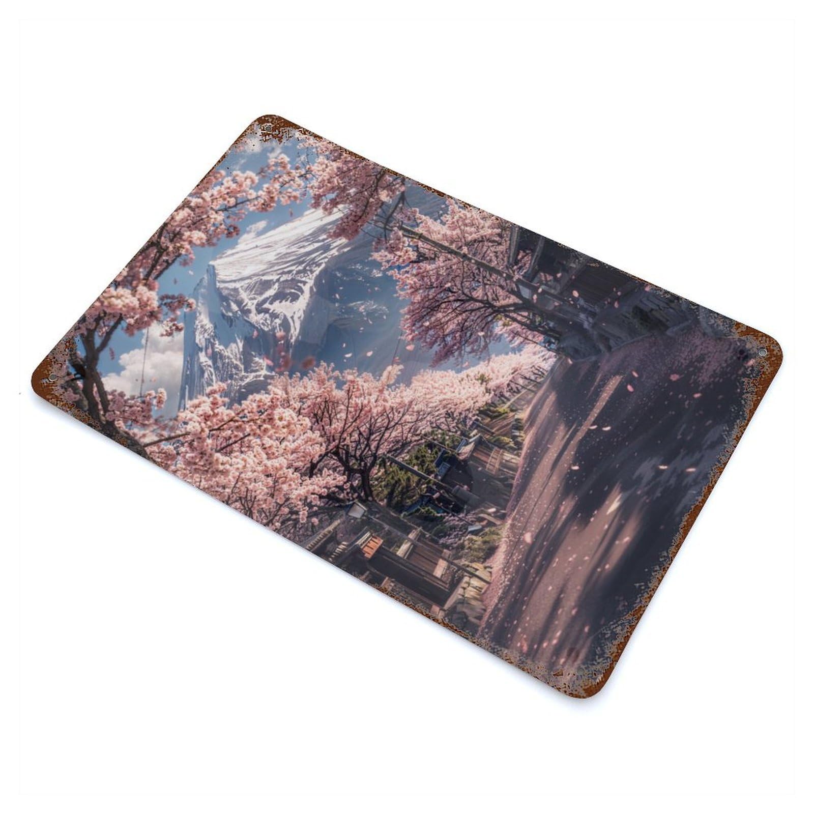 Garage Style Japanese Road Sakura Tree Rusty Metal Tin Sign 11.8"x7.9", Novelty Wall Decor for Bar And Workshop