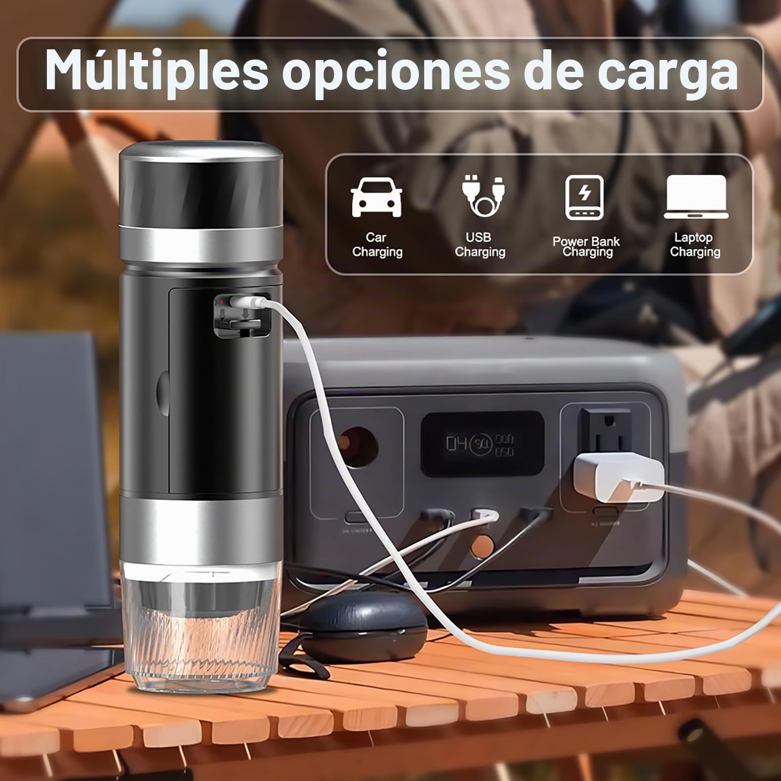 VHV Mini máquina de café inalámbrica de 90 ml, 3 en 1, con USB, compatible con cápsulas y café molido, gadgets de autocaravana y regalos de camping (gris)