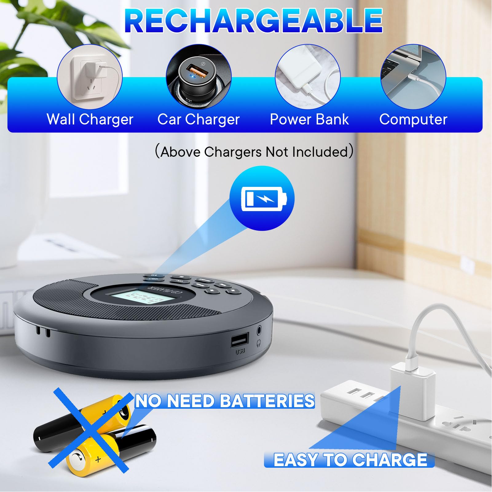 Lettore CD BT, Lettore CD MP3 Portatile, Design con Doppio Altoparlante USB BT, Lettore Dischi Ricaricabile per Viaggi in Auto a Casa All'aperto