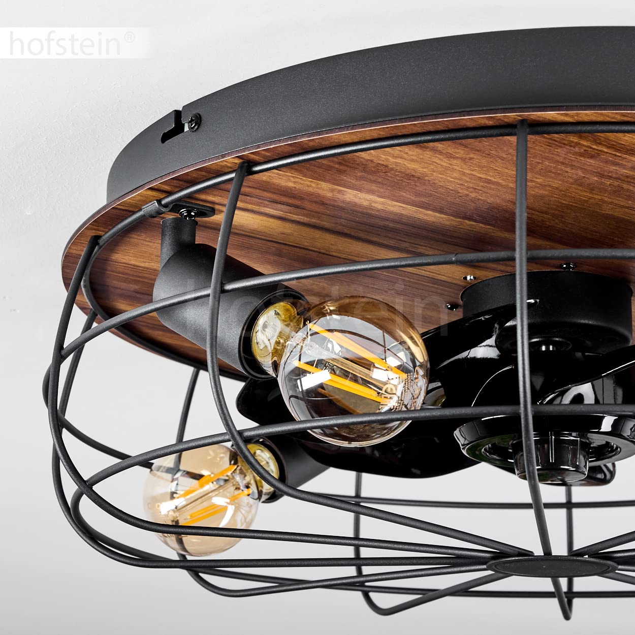 Ventilatore da soffitto Moscavide, ventilatore in metallo/plastica in nero/look legno/marrone con telecomando, plafoniera con spot orientabili, 4 x E27 IP20, senza lampadina/e