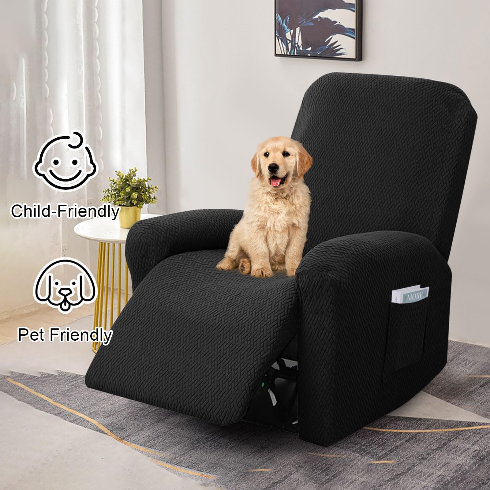 Coprisedia in 4 pezzi, coprisedia completa per poltrona relax, coprisedia per poltrona TV, coprisedia completa, fodera elasticizzata per poltrona con tasche (Nero-singolo sedile)