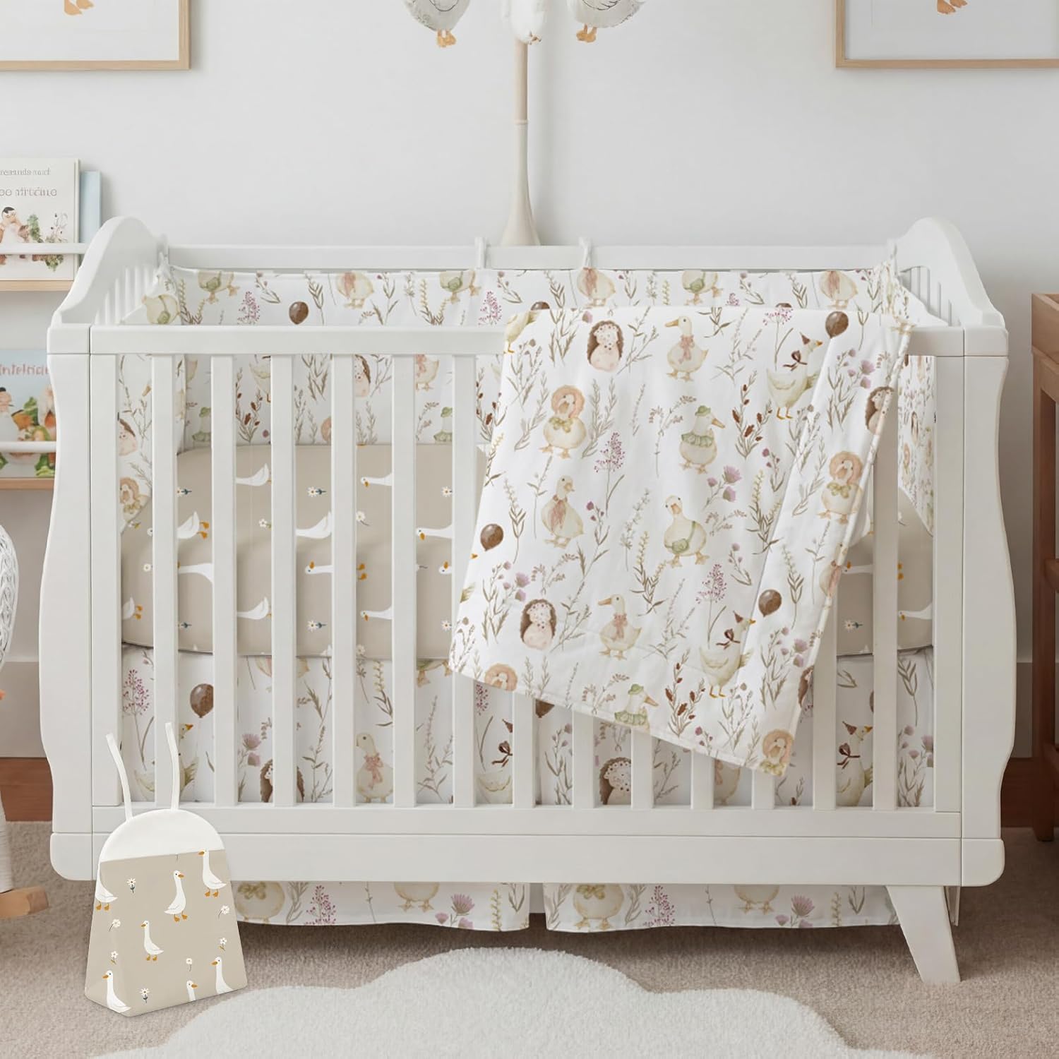 4 Pieces Crib Bedding Set for Girls and Boys, Soft Baby Bedding Set Including Crib Skirt, Comforter, Sheet and Diaper Stacker for Nursery(Goose Theme)