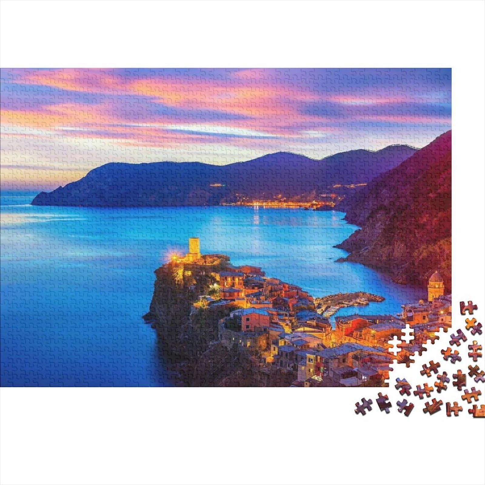 Coastal Sunset 1000 Piece Jigsaw Puzzles Recycled Cliff Village Senior Puzzles Family Gaming Time Props Party Game Props for Adults And Age 10 Up 52x38cm/1000pcs