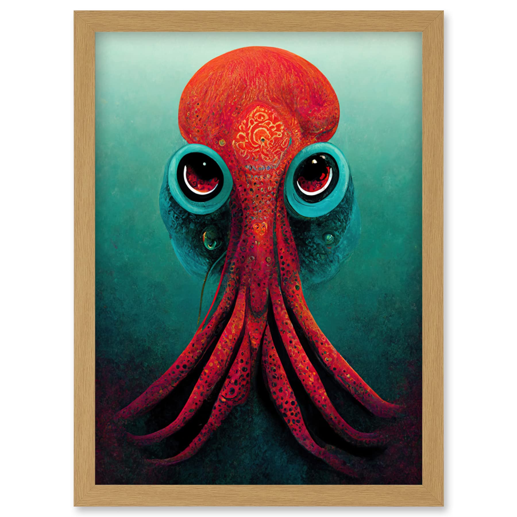Doppelganger33 LTD Modern Vibrant Red & Teal Octopus Artwork Framed Wall Art Print A4