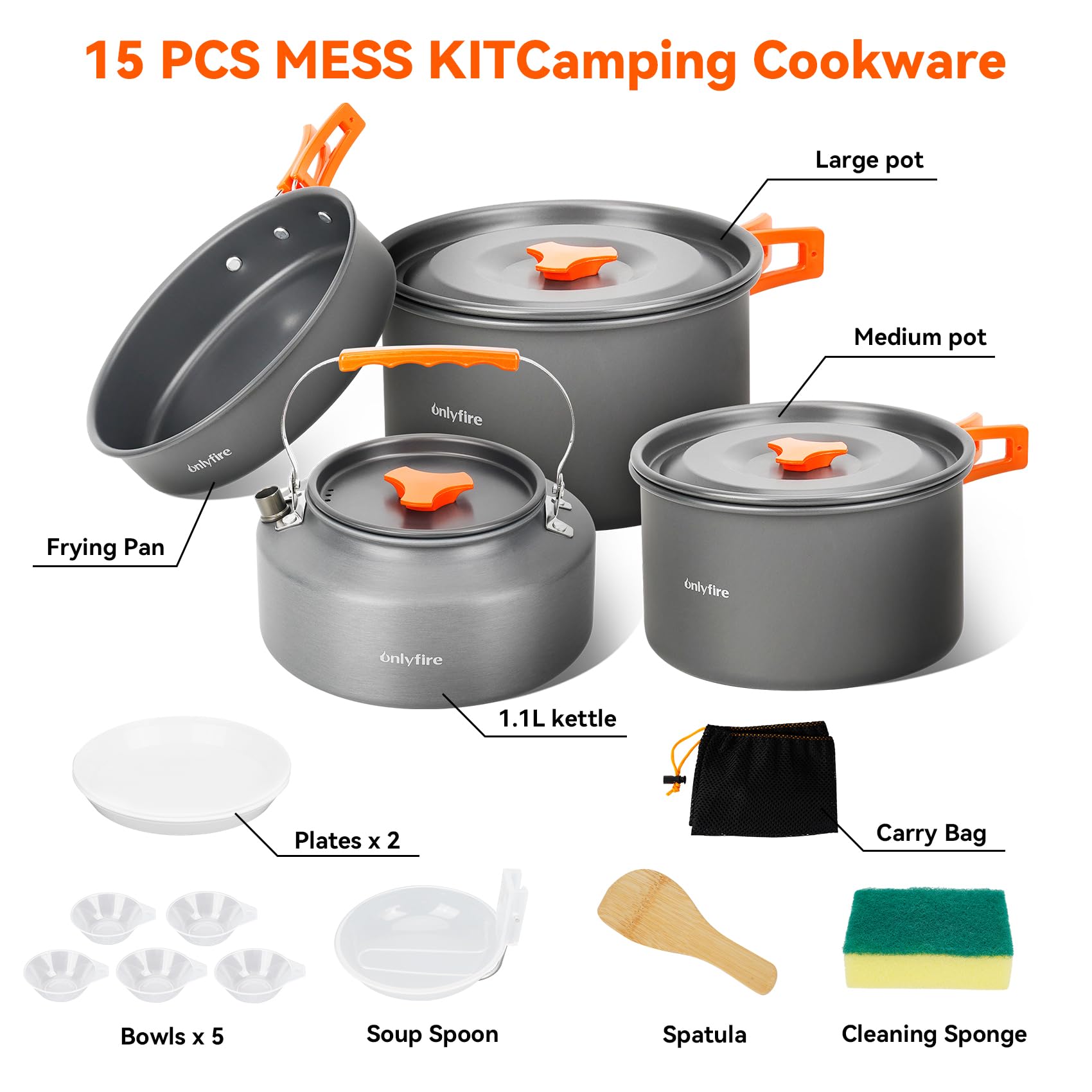 Onlyfire 10-teiliges Camping-Kochgeschirr-Set mit Herd, Rucksackreisen, Camping-Topf, Pfanne, Wasserkocher-Set, antihaftbeschichtet, leicht, Camping-Kochset für Camping, Wandern, Outdoor & Picknick,