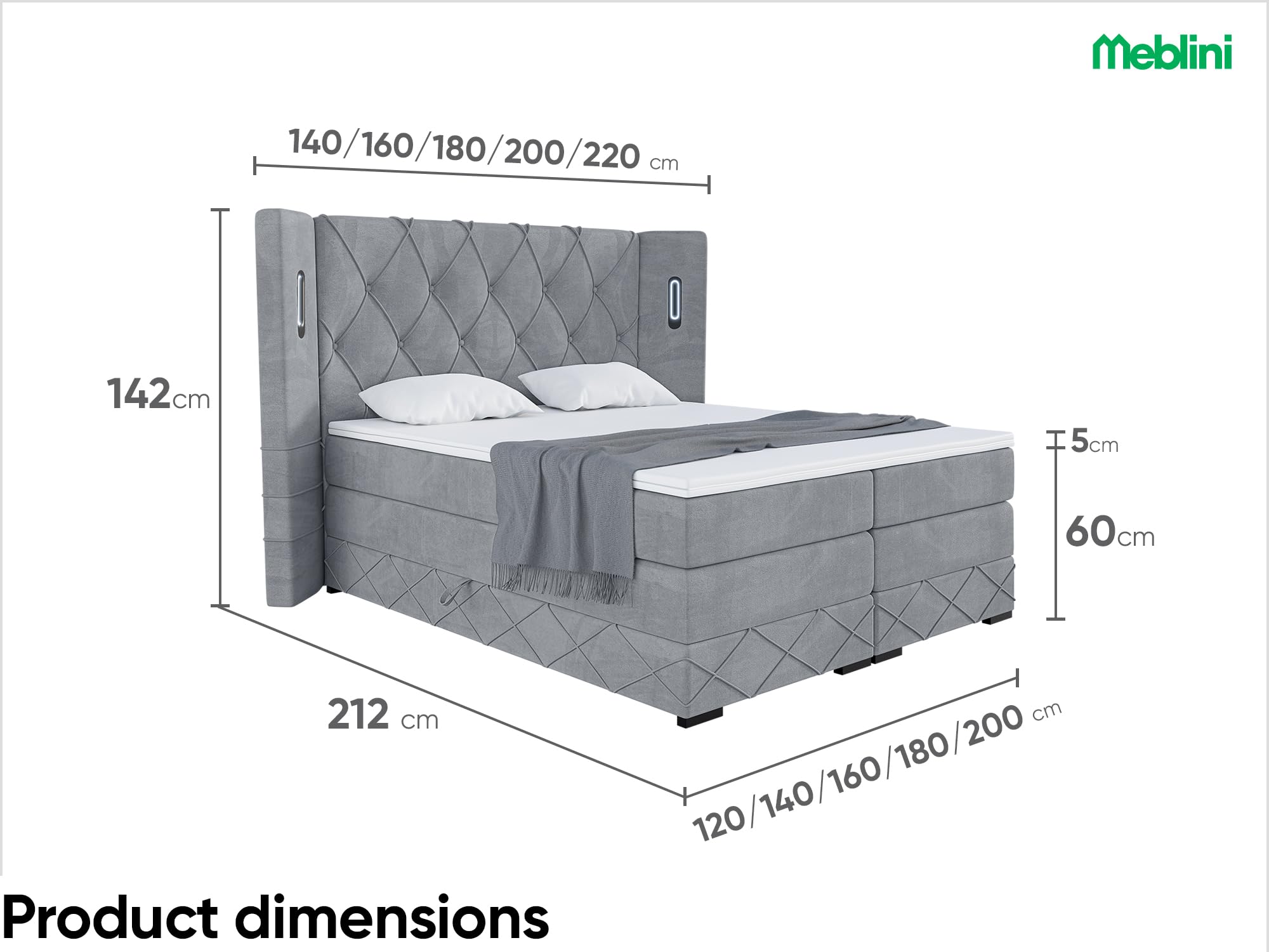 MEBLINI King Boxspringbett mit Bettkasten - Gepolstert Doppelbett mit Matratze und Topper - Polsterbett mit Stauraum - Bett mit LED Kopfteil - Stauraumbett - Manuel - 180x200 - H3/Grau Samt