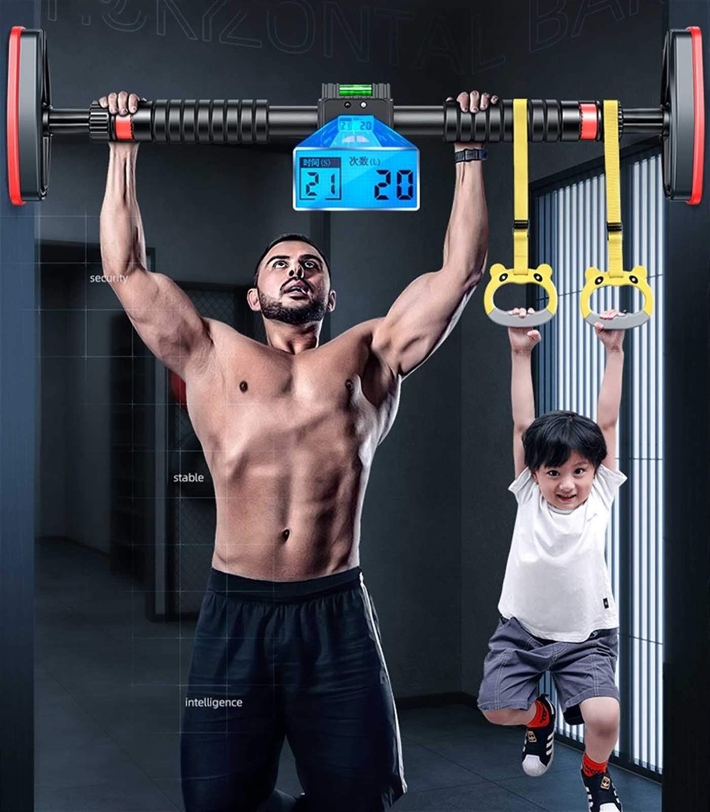 Attrezzature per il fitness Barra orizzontale portatile da parete con anello di sollevamento, barra per trazioni con tester di equilibrio e contatore, sicuro, 106-145 cm, carico 250 kg