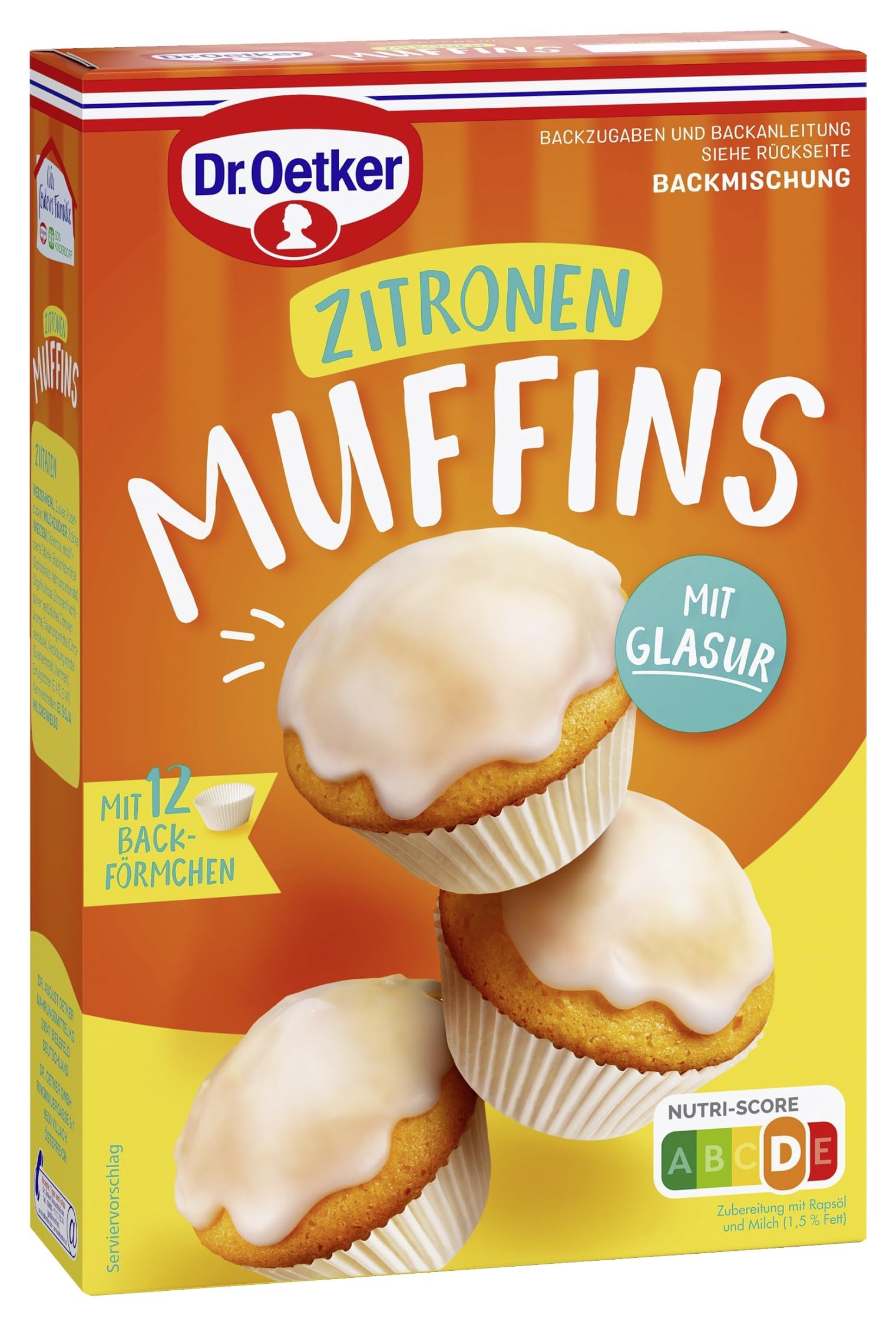 Dr. Oetker Zitronen Muffins, 6er Pack Backmischung für Rührteig Zitrone, Zitronenmuffins mit Glasur, inkl. Papierbackförmchen, Muffin-Mischung geeignet für die Heissluftfritteuse, 6 x 455g