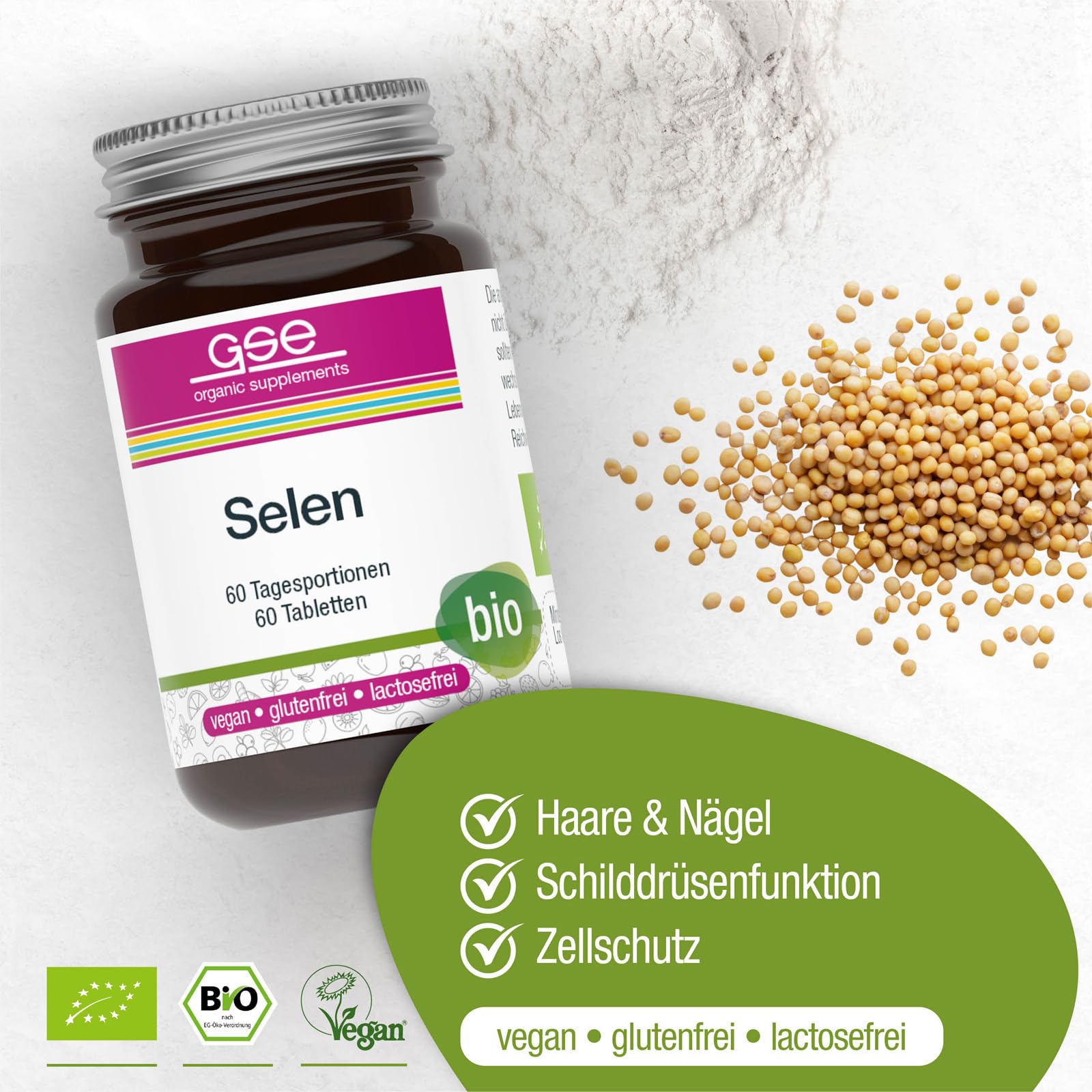 GSE Selen Compact, 60 Tabletten hochdosiertes Selen aus Pflanzen, 100% vegan und ohne Zusatzstoffe, BIO-Qualität