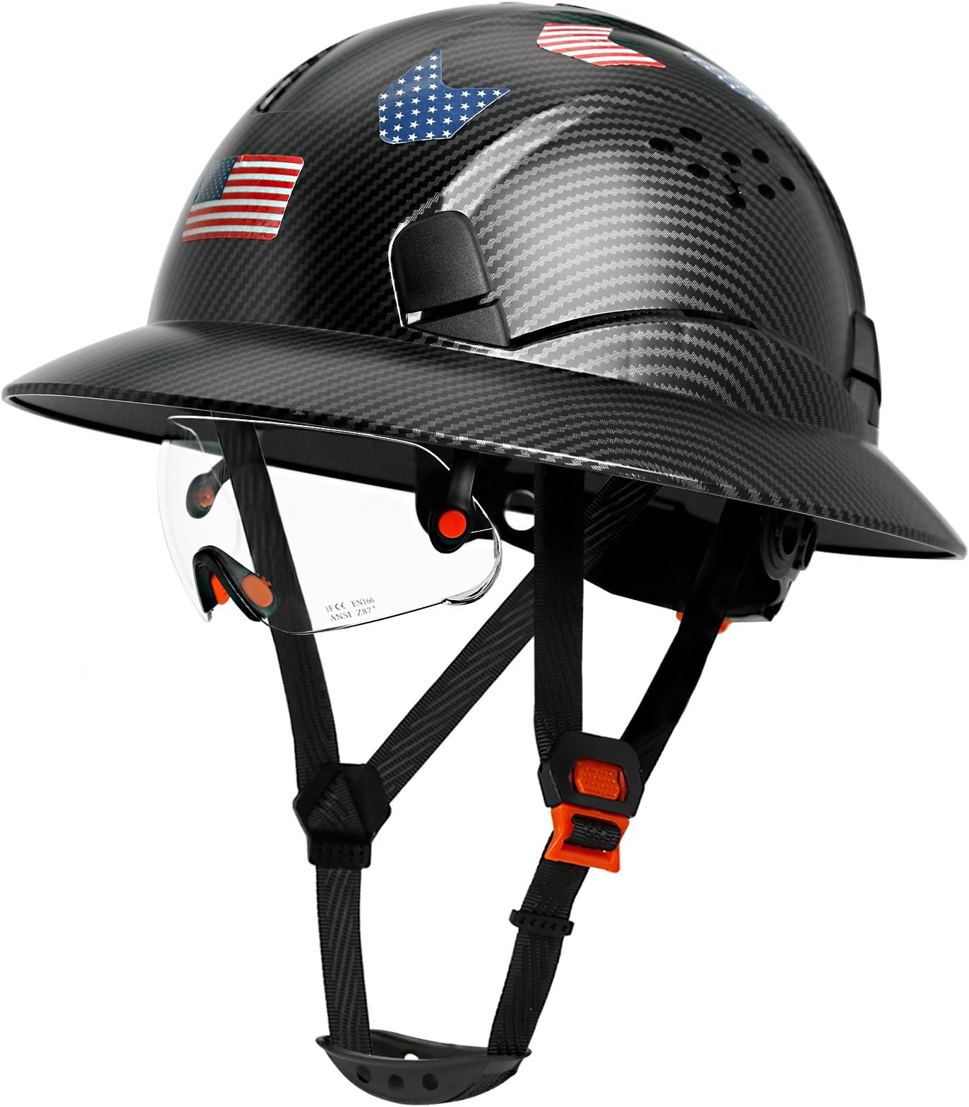 Matte Black Carbon Fiber Pattern Full Brim Hard Hat with Visor - Vented Hard Hats Construction OSHA Approved for Men Adult, Reflective Safety Helmet with Chin Strap,6-Point Suspension