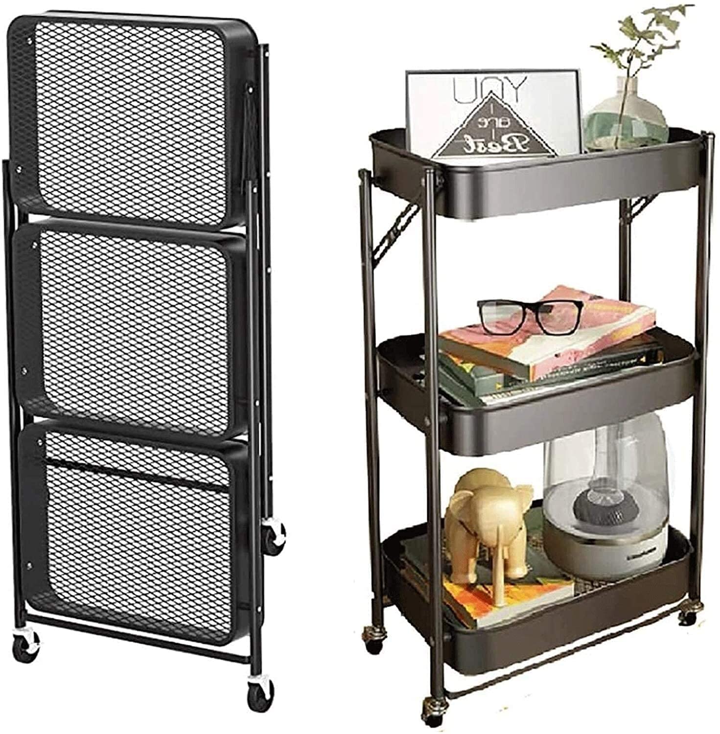 3-Tier Folding Metal Utility Rolling Cart with Lockable Wheels, Mesh Wire Organizer Trolley Service Craft Cart Mobile Storage Organizer for Kitchen, Bathroom, Office, Coffee Bar,Hospital_1PCs