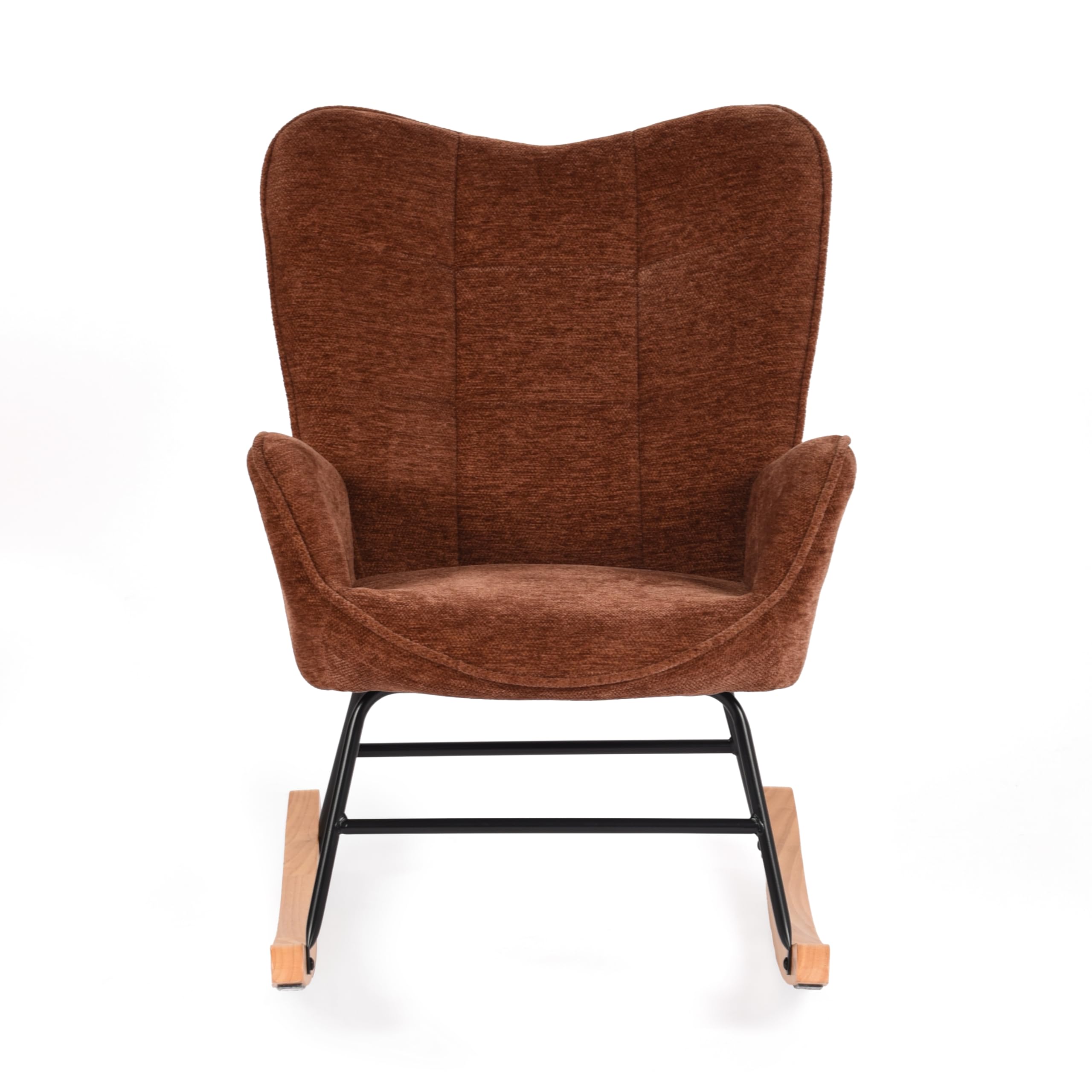 MEUBLE COSY Sedia a Dondolo Poltrona Imbottita Relax con Braccioli Schienale in Tessuto con Gambe in Legno per Soggiorno Cameretta Balcone, Rosso, 62x75x87cm