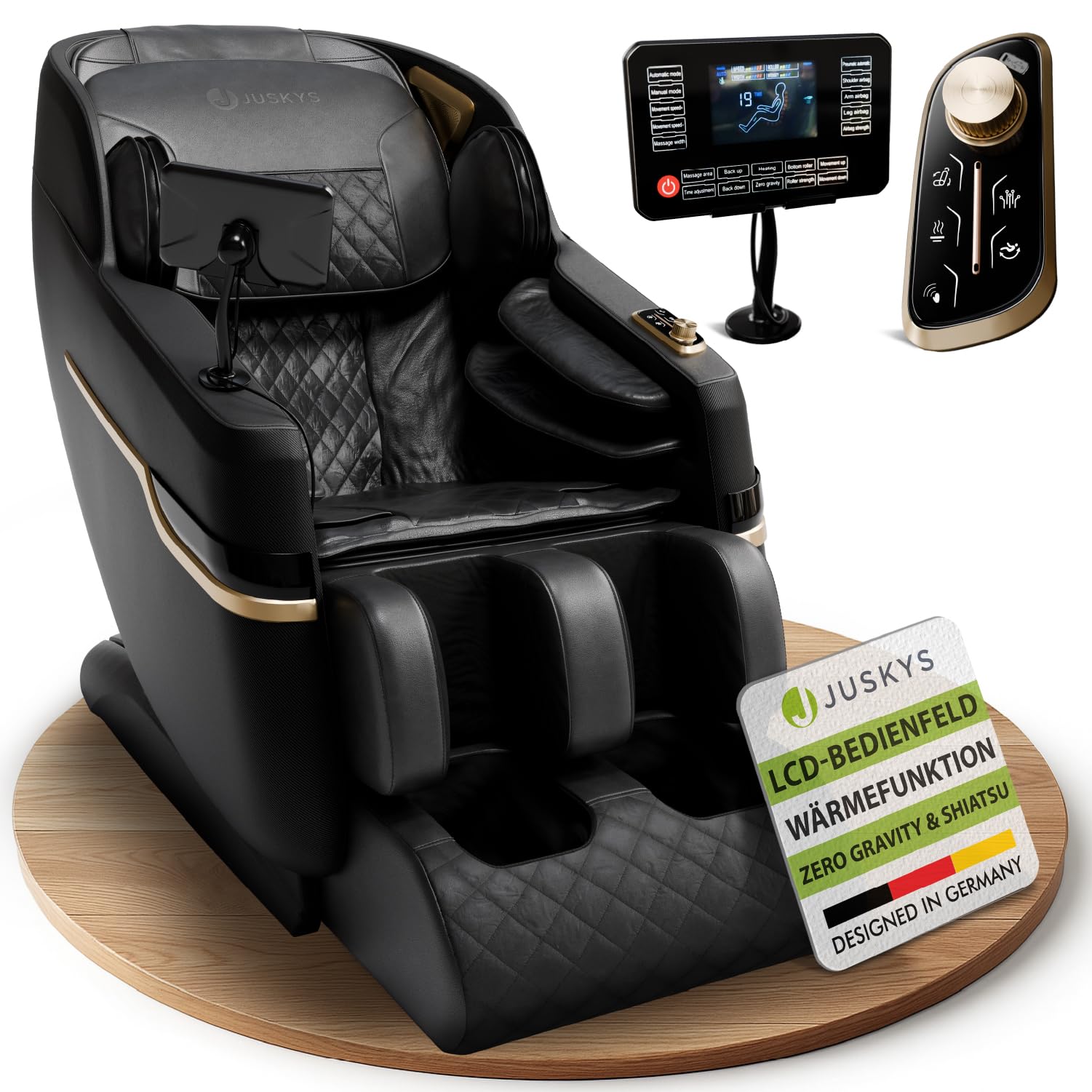 Juskys Massagesessel Naxos – Elektrisch, LCD-Bedienfeld, USB, Bluetooth, Airbags, Rollenmassage, Wärmefunktion, Fußverlängerung & Timer – Schwarz