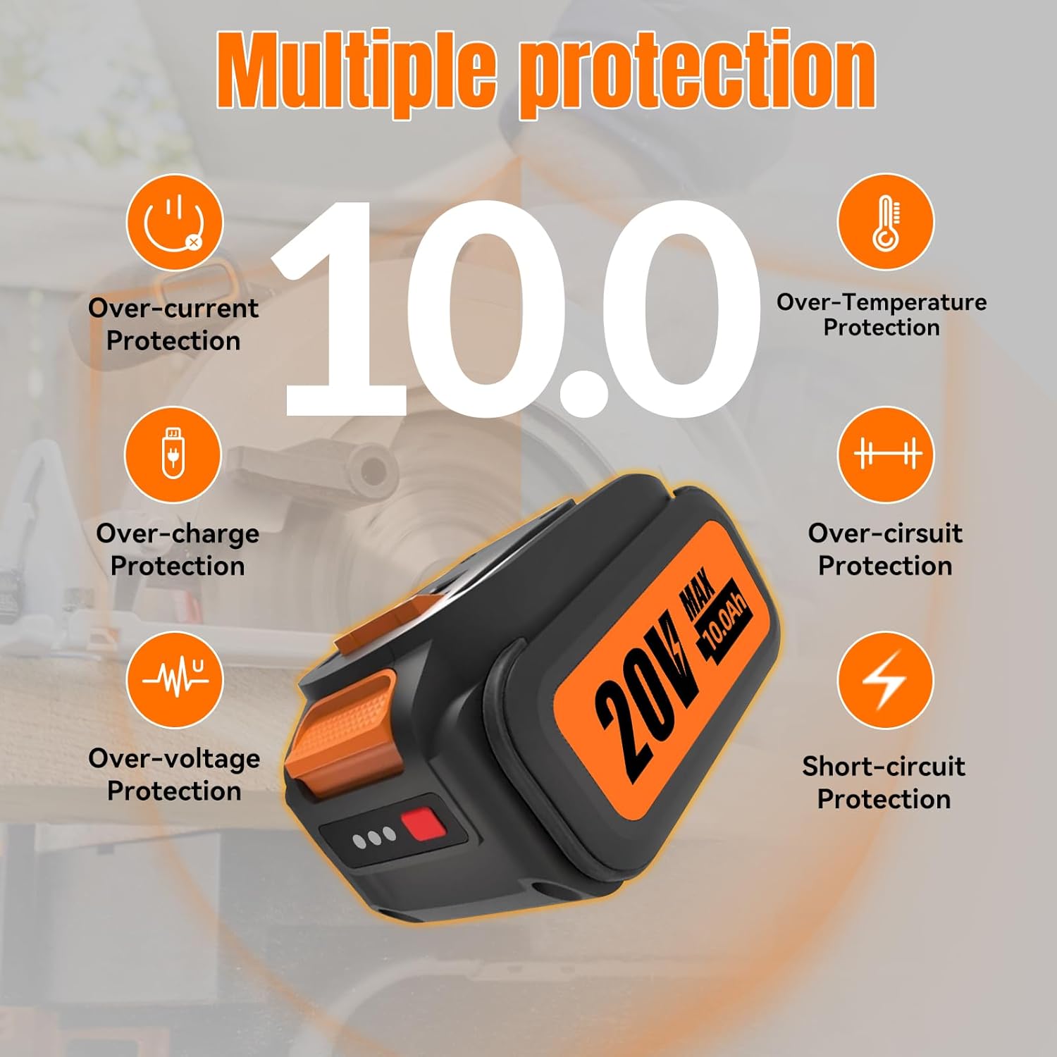 2-Pack 10.0Ah High Capacity 20V Max Lithium-Ion Battery Replacement for Worx WA3520 WA3525 WA3551 WA3572 Power Share Batteries, Compatible with Worx WG151 WG155 WG251 WG540 WG629 WG890 Power Tools