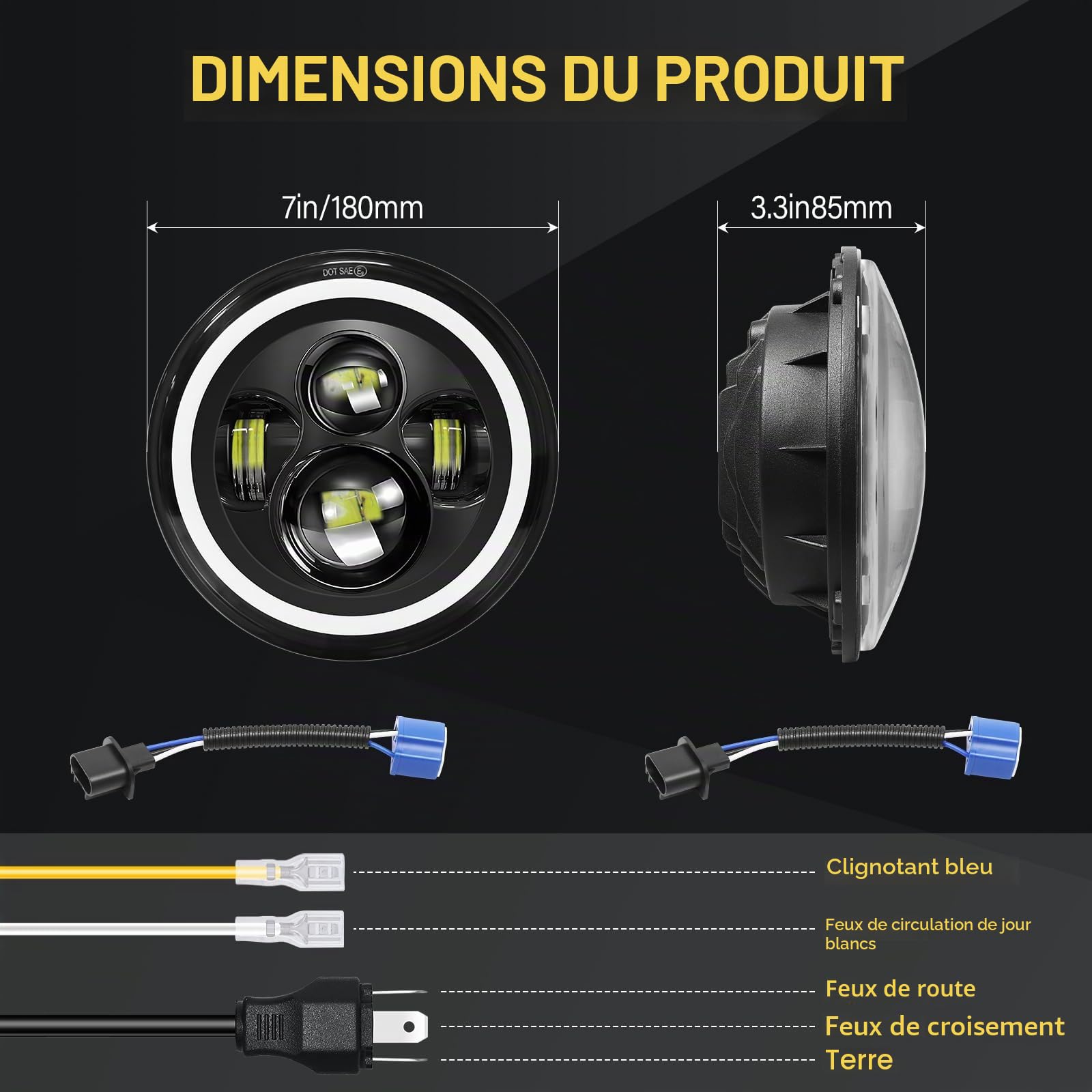 2 x 7 pouces Phare LED Auto Moto, 50W Phare de Travail Blanc Bleu