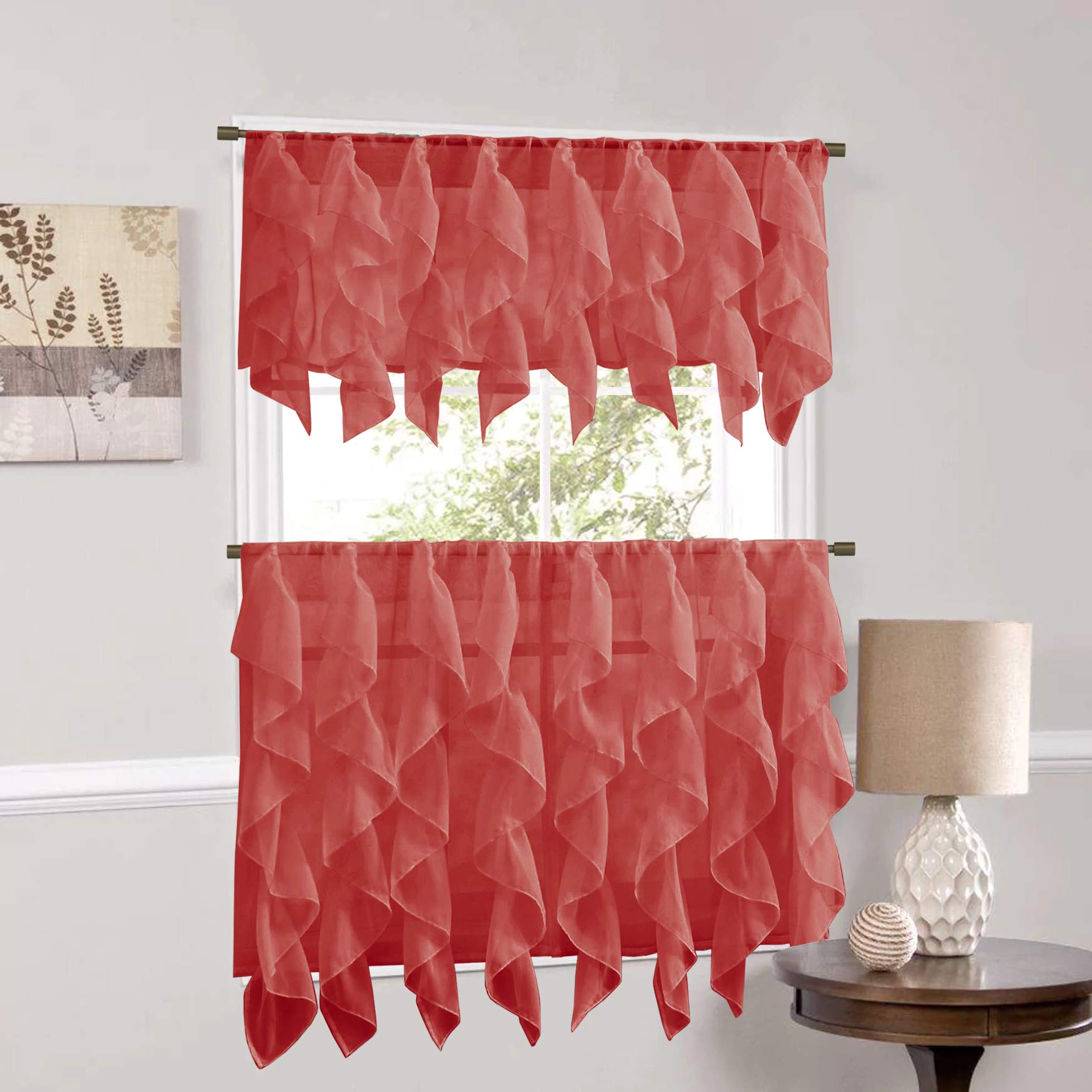 Veritcal Ruffled Kitchen Curtain Sheer Cascading Ruffle Waterfall Window Treatment - Choice of Valance, 24" or 36" Tier, and Kit