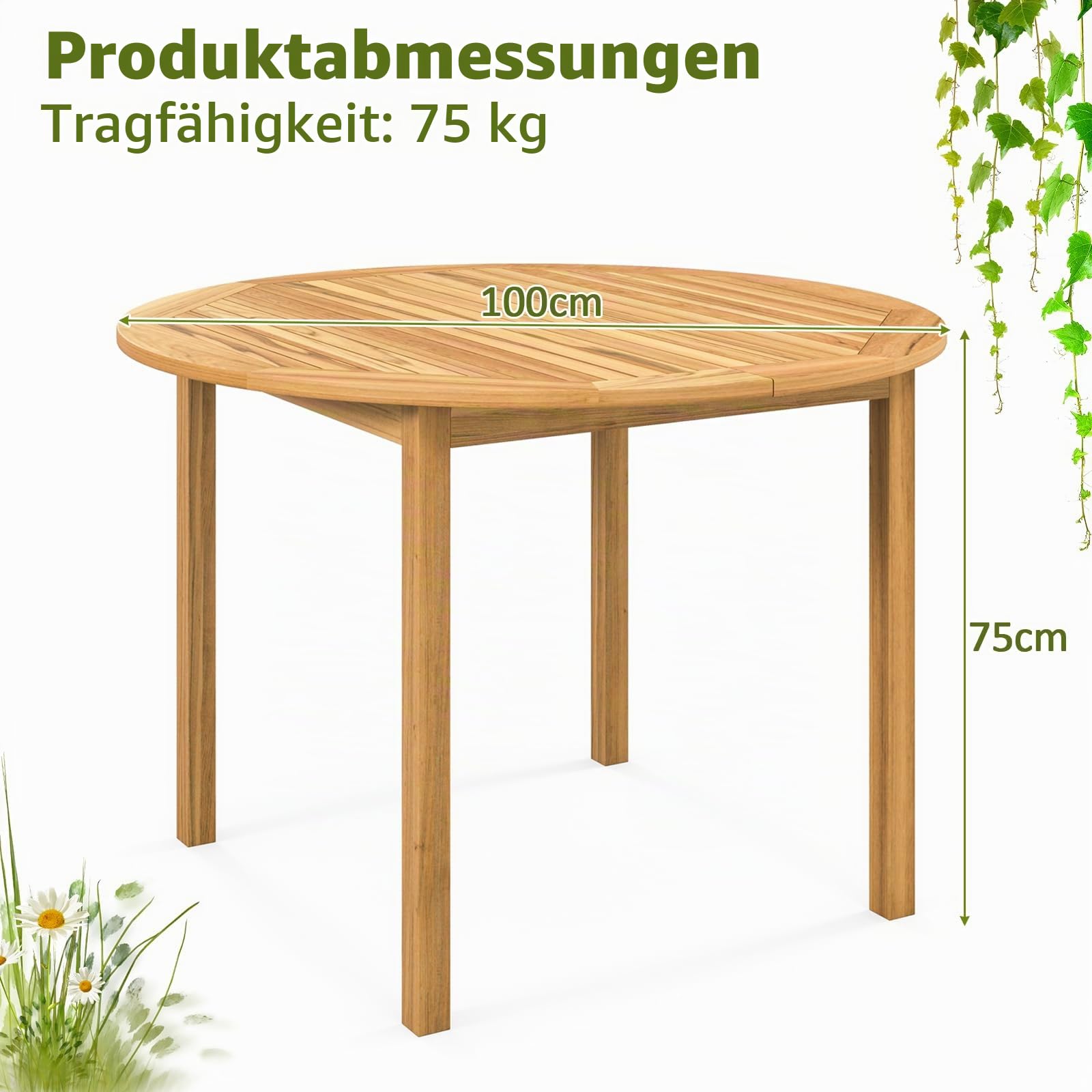KOMFOTTEU Gartentisch aus Akazienholz, Esstisch Ø 100 cm für 4 Personen, Holztisch rund wetterfest, Terrassentisch für Hof, Terrasse, Rasen