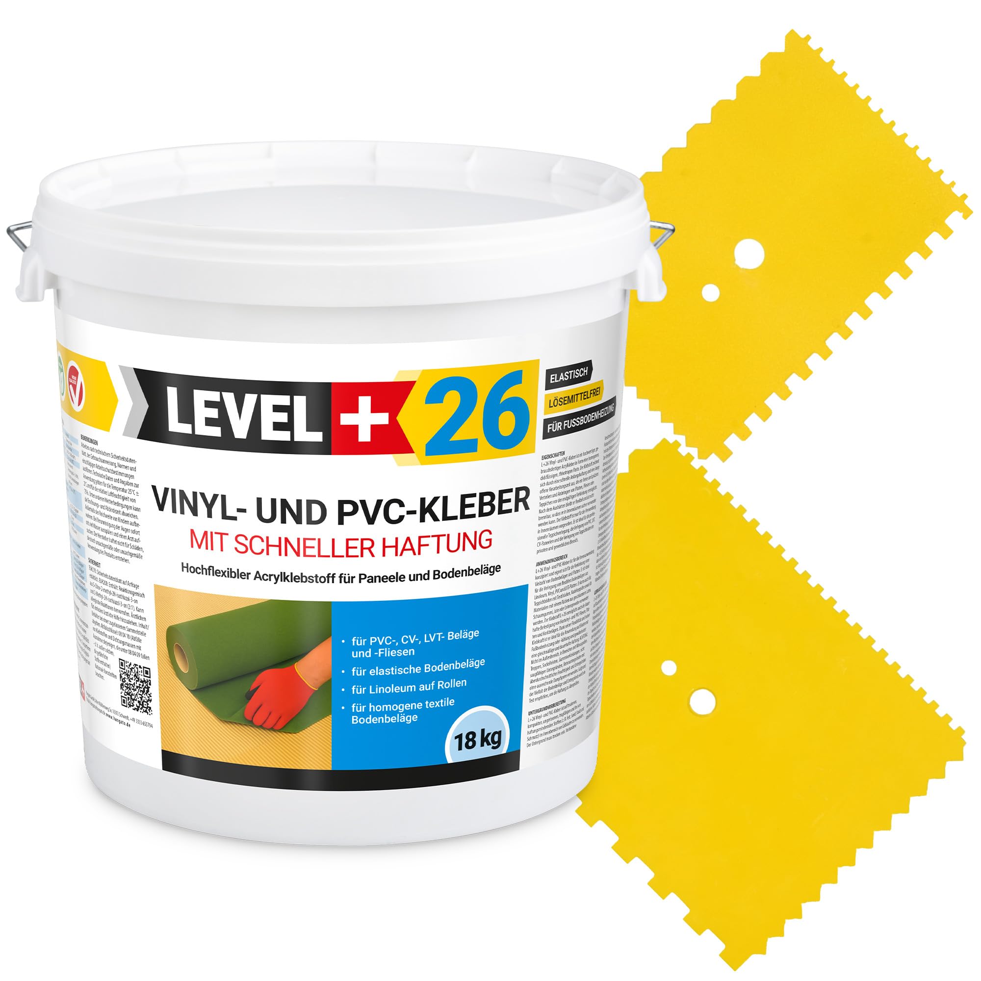 26 adesivi in vinile PVC LVT CV, 18 kg, per pavimenti in vinile, senza solventi, rapida adesione + 2 spatole dentate