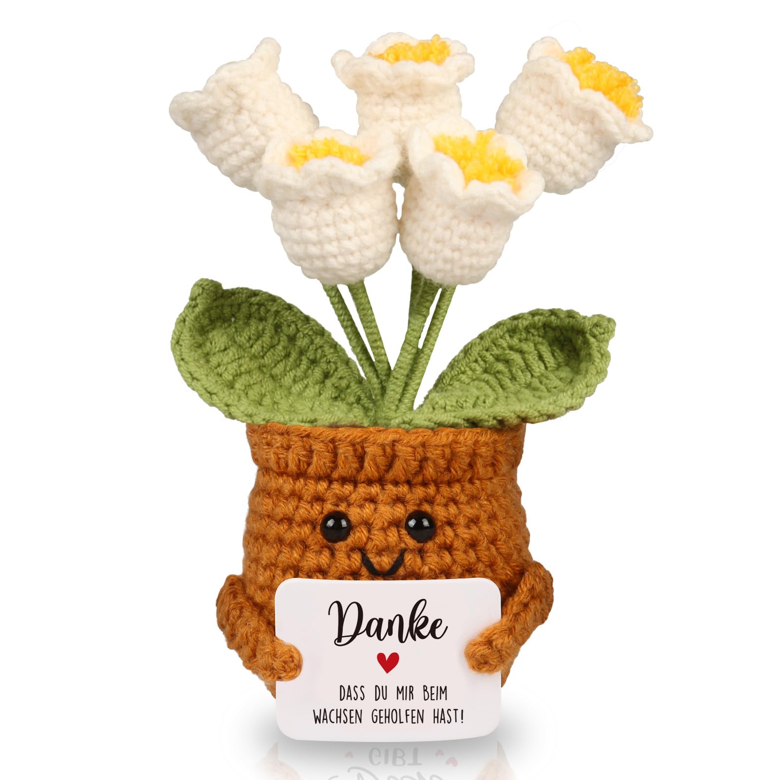 WenmthG Kleines Dankeschön Geschenk Glücksbringer Gehäkelte Blume Maiglöckchen für Frauen Freunde Kollegen Abschied Ruhestand Weihnachts Papa Mama Oma Opa Pocket Hug Positive Kartoffel Deutsch Ersatz