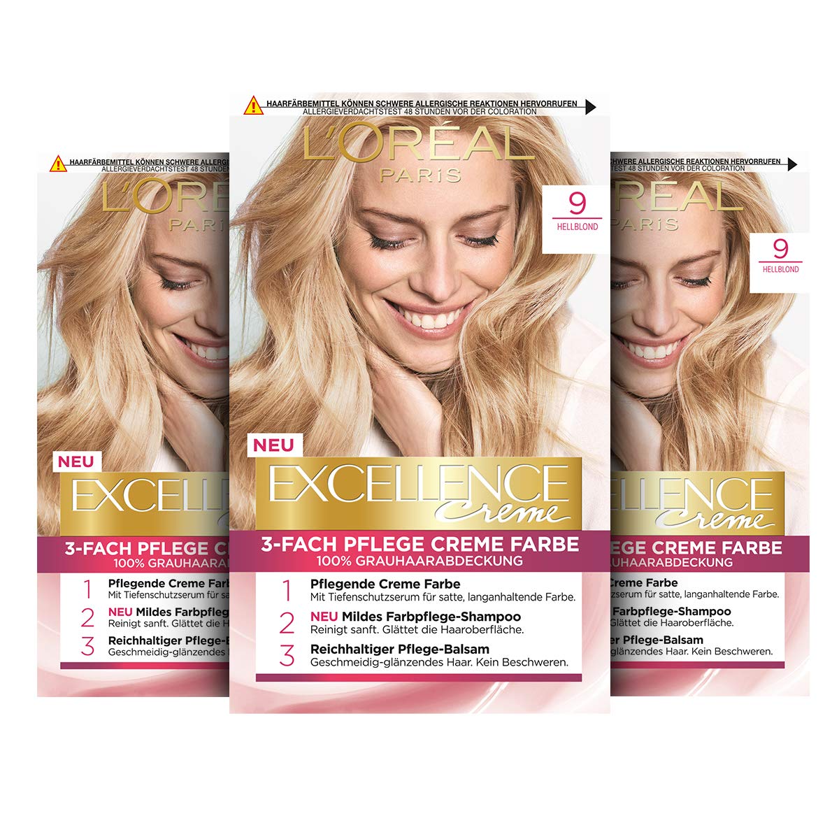 L'Oréal Paris Excellence Crème Permanent Hair Dye, Radiant At-Home Hair Colour with up to 100% Grey Coverage, Pro-Keratin, Up to 8 Weeks of Colour, Pack of 3, Colour: 9 Natural Light Blonde