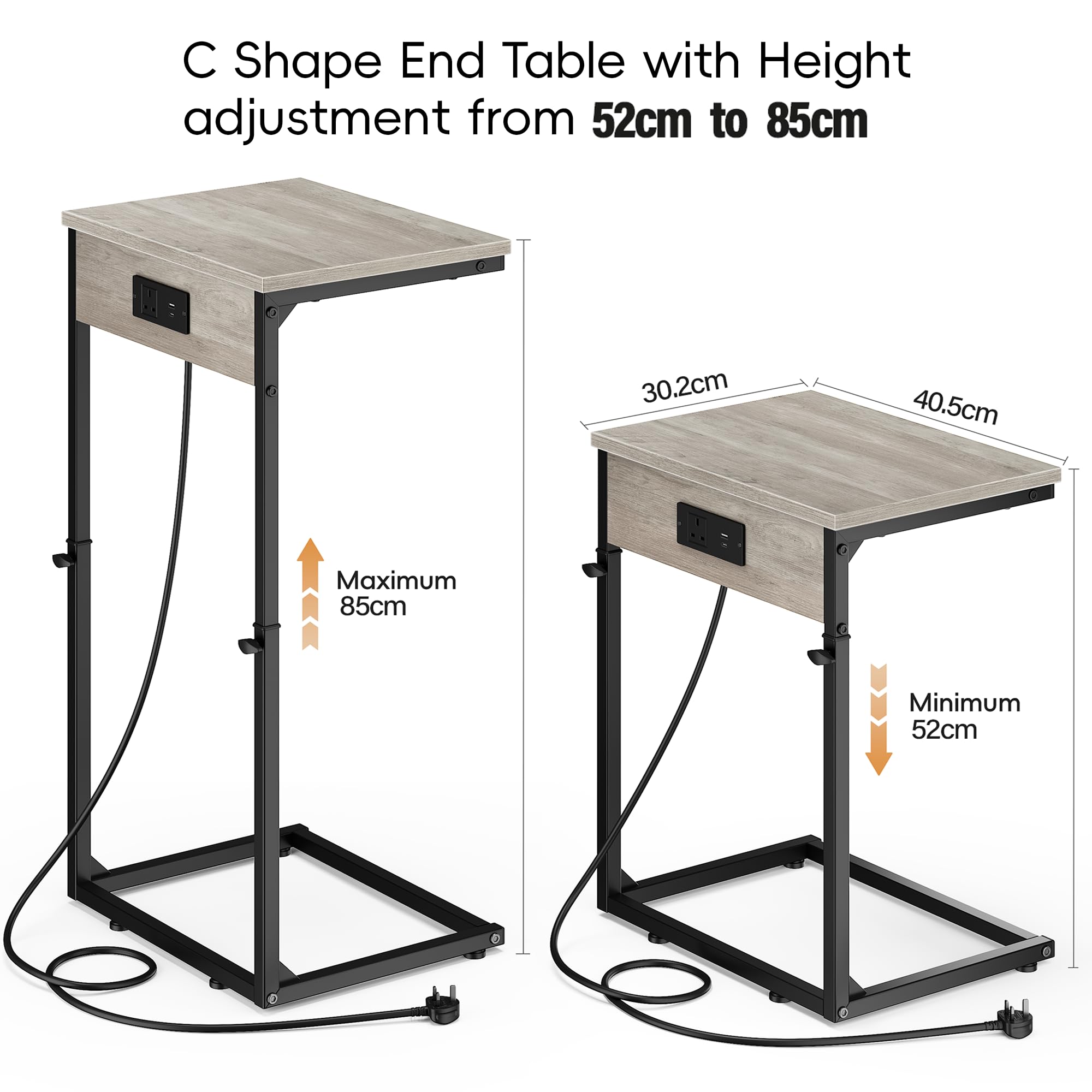 Vagusicc Beistelltisch C Form mit Steckdose, Höhenverstellbar 52-85 cm, mobiler Kaffeetisch, Wohnzimmertisch mit Metallgestell, Couchtisch, Laptoptisch, Nachttisch für Schlafzimmer, Wohnzimmer, Grau