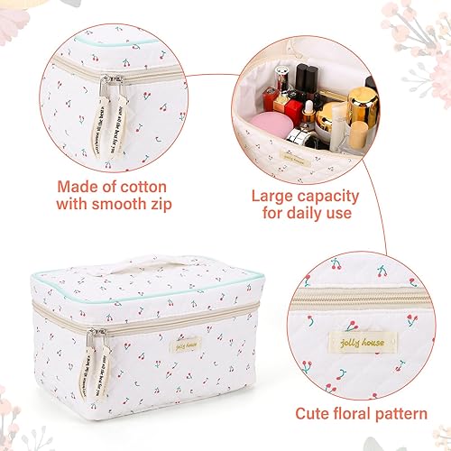 Miniatura 5 de Cessfle 3 bolsas de maquillaje acolchadas de algodón, bonita bolsa de maquillaje de cereza coqueta, bolsa de cosméticos grande con estampado floral