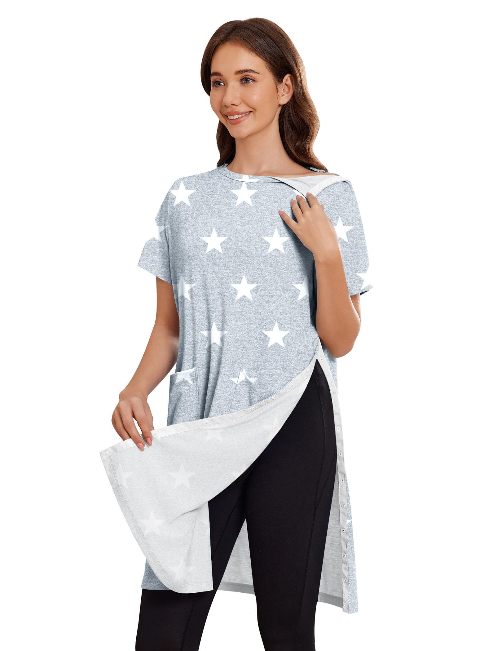 Deyeek Women Post Shoulder Surgery Tear Away Full Open Side Snap Nightgowns
