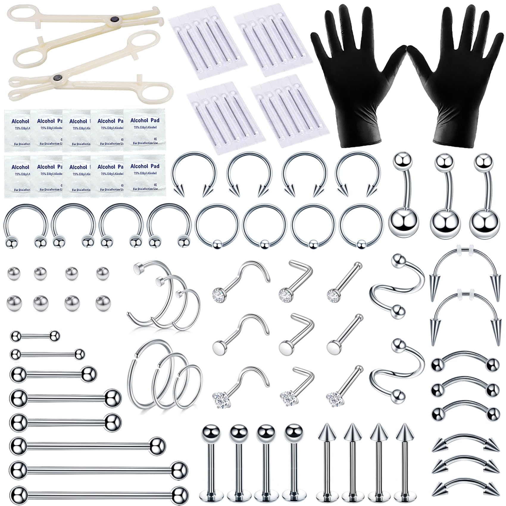 TKKUY94PCS Mixed-pack Piercing Kits for All Body Piercings Stainless Steel 14G 16G 20G Jewelry and Needle with Tools Nose Septum Lip Ear Belly Button Cartilage Tragus
