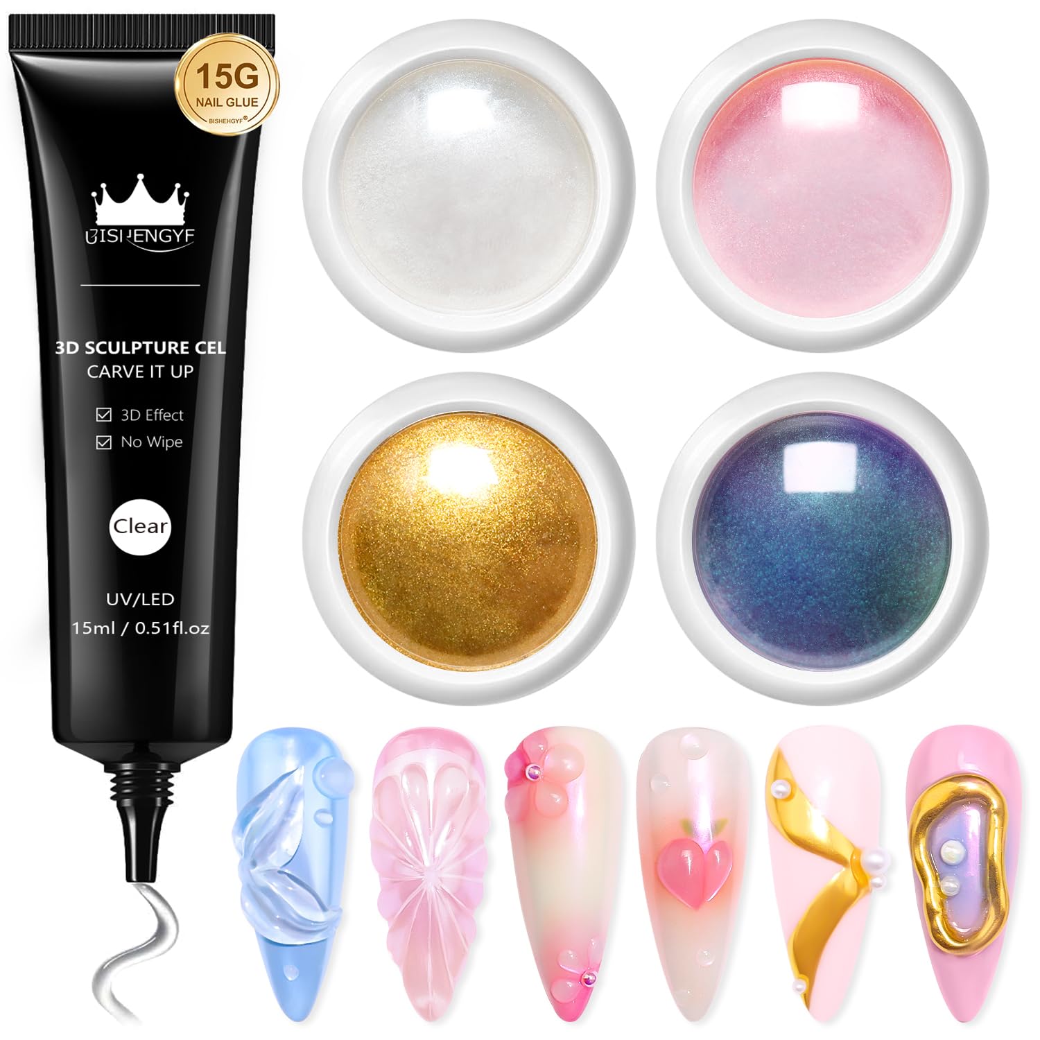 3D Nail Gel and Chrome Nail Powder Kit BISHENGYF: 15g No Wipe 3D Sculpting Gel White Aurora Pink Chameleon Gold Chrome Nail Powder with Clear 3D