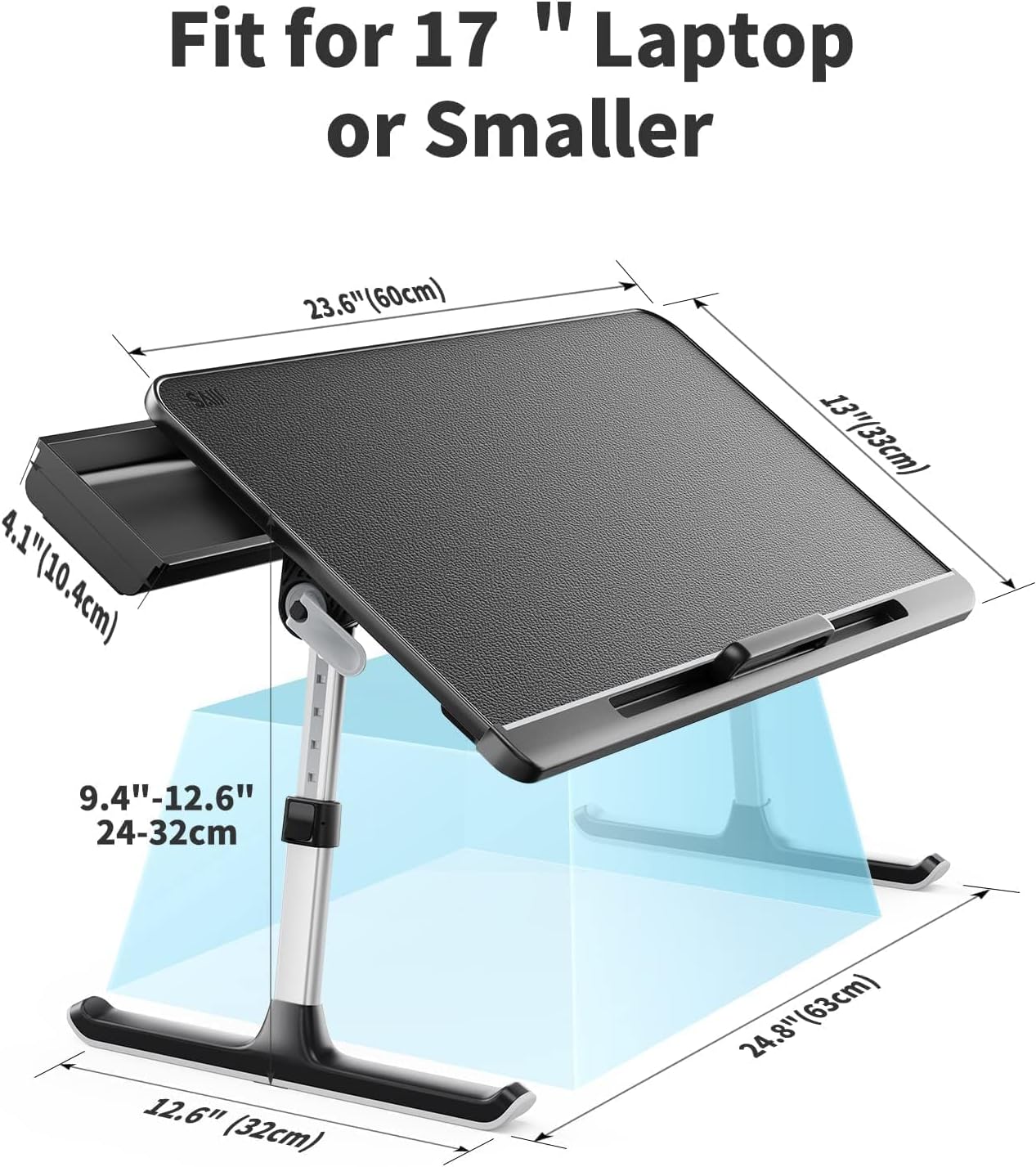 SAIJI Laptop Bed Tray Table - 23.6" x 13" Adjustable Portable Standing Desk with Storage Drawer, Foldable Lap Desk Fits 17" Laptop, PVC Leather for Couch Sofa (Dark Black)