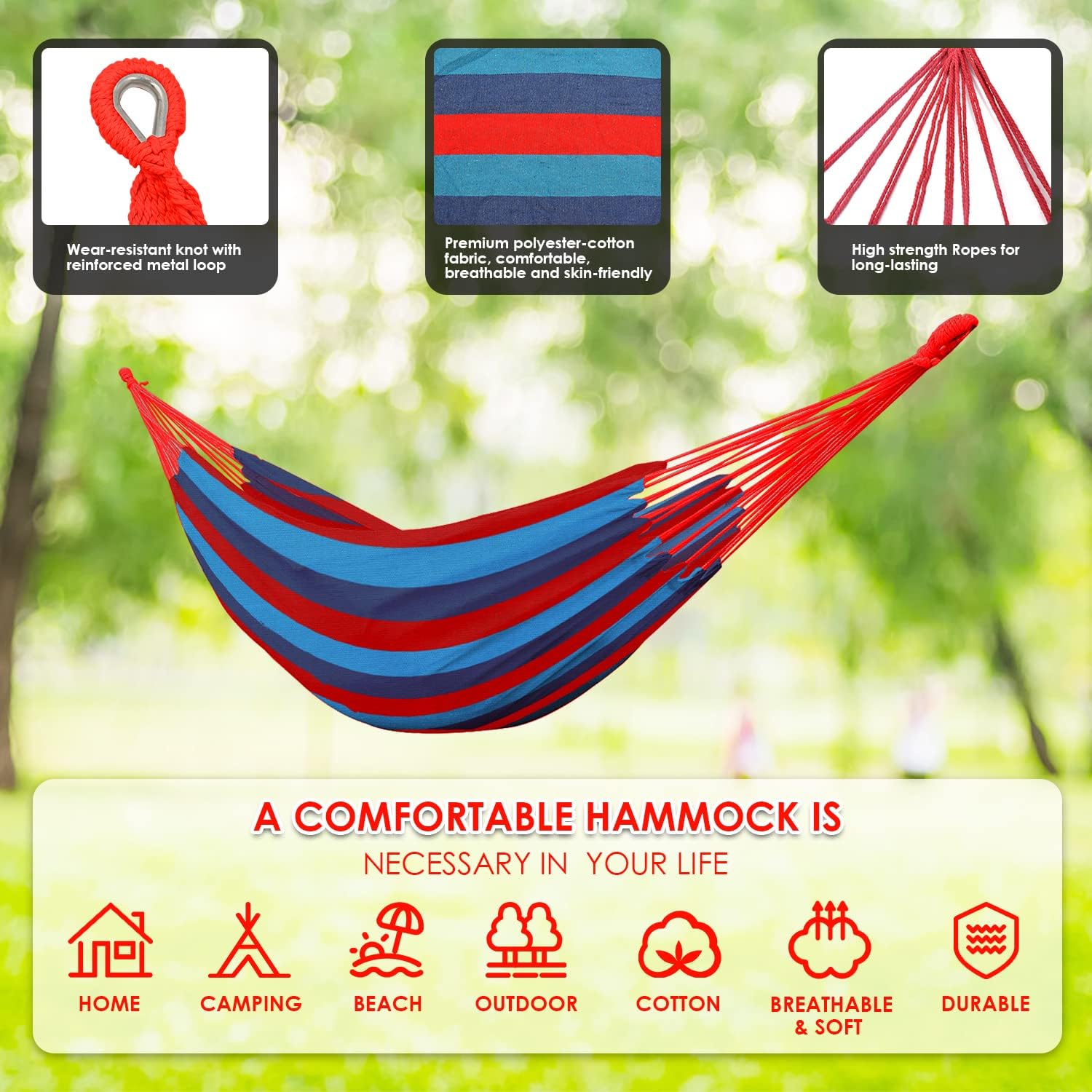 Gold Armour Brazilian Style Hammock with Tree Straps for Hanging - Durable Portable Single/Double Hammock for Camping, Outdoor, Indoor, Patio, Backyard (Blue & Red Stripe) image 2