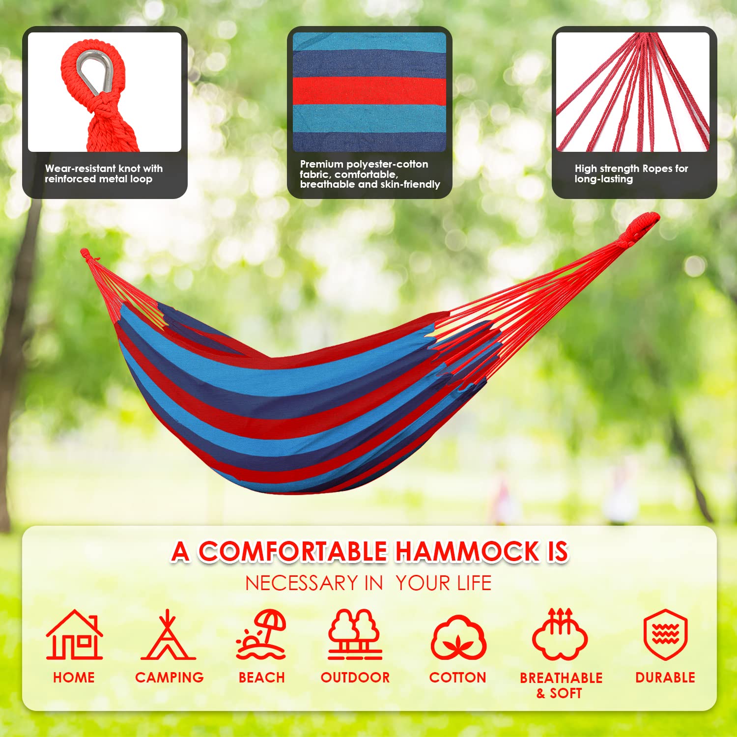 Gold Armour Hammock, Brazilian Style Hammock with Tree Straps for Hanging Durable Hammock, Portable Single Double Hammock for Camping Outdoor Indoor Patio Backyard (Blue & Red Stripe)