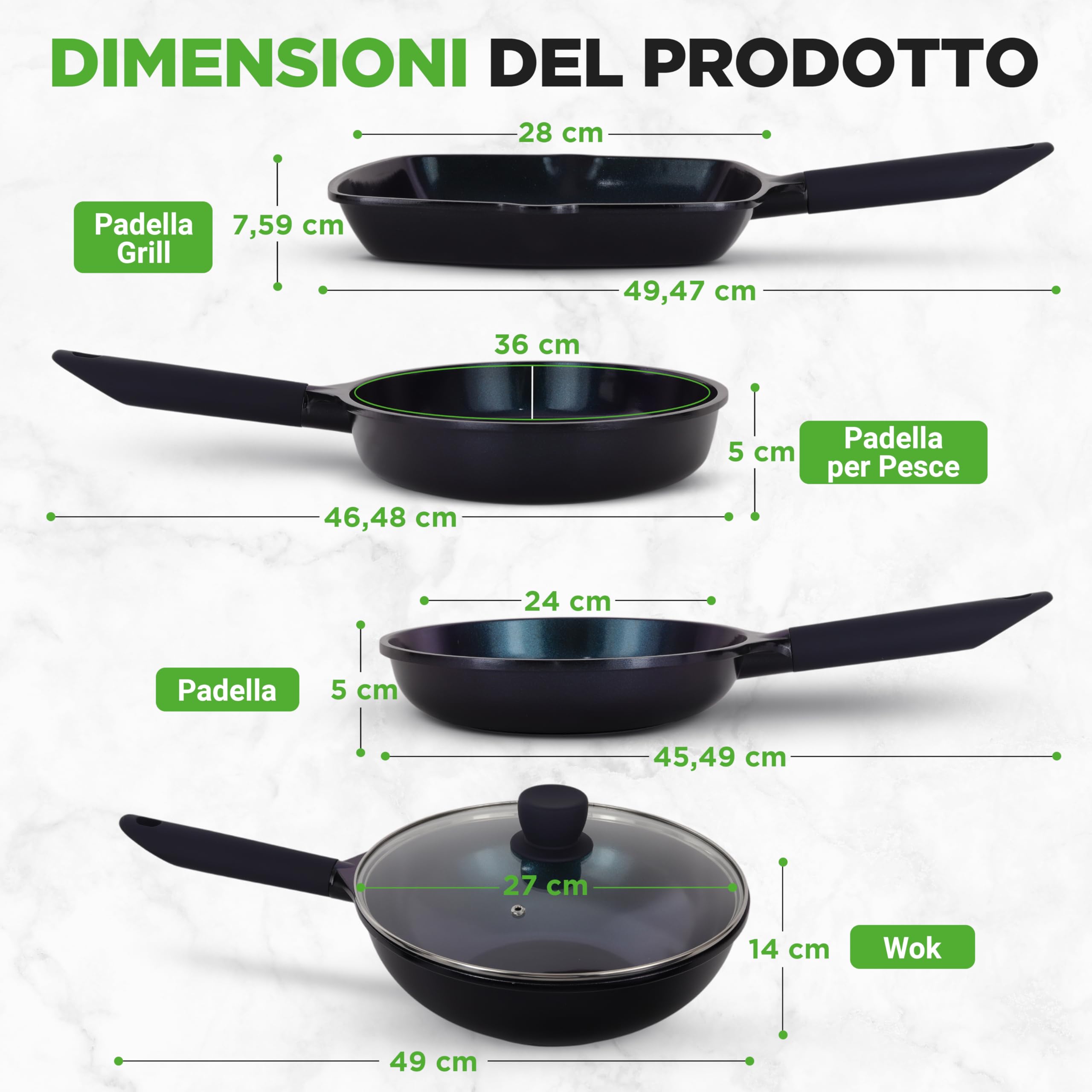 NutriChef Set 5 Pezzi con Padella Antiaderente in Ceramica, Wok, Padelle Antiaderenti per Griglia e Pesce, Compatibili Induzione, Manici Isolanti, Facile da Pulire
