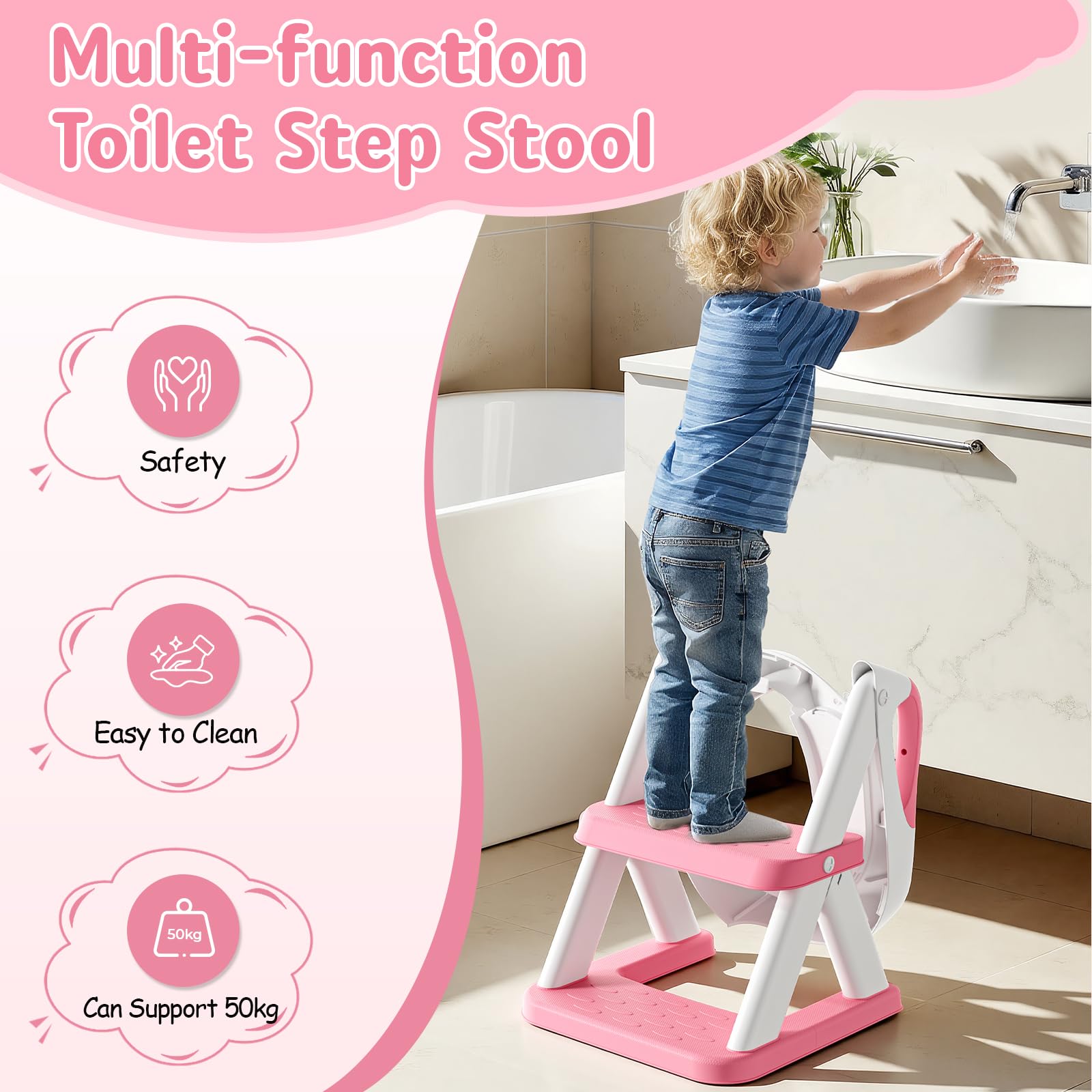 Rabb 1st Potty Training Toilet Seat with Steps, 2-in-1 Toddler Toilet Seat for Boys Girls with Splash Guard Soft Anti-Slip Pad,Bright Pink - 4