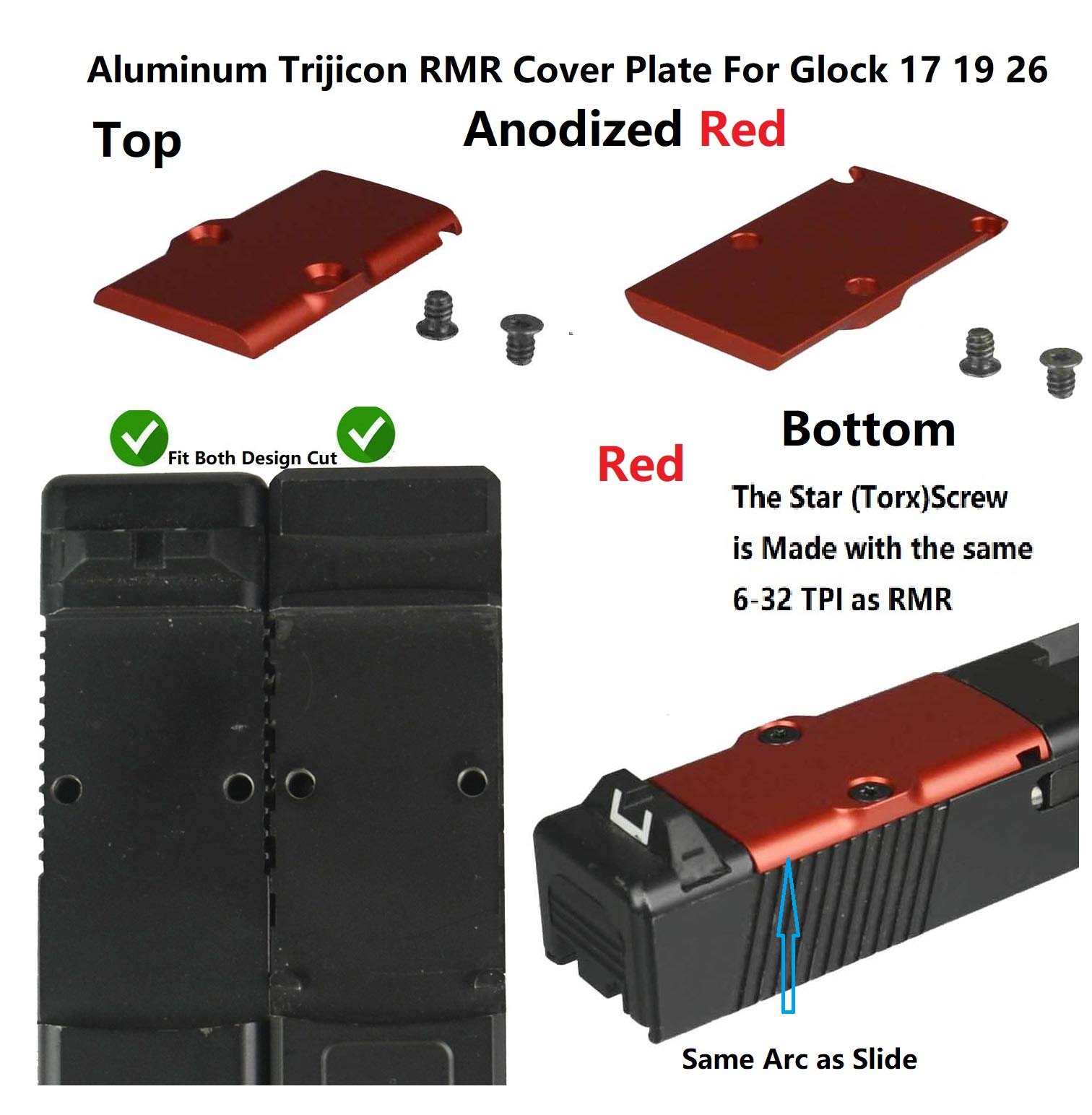 TWP Aluminum Anodized Red RMR Cover Plate for Glock 17 19 26 Cut Slides, with Round Arc Sides