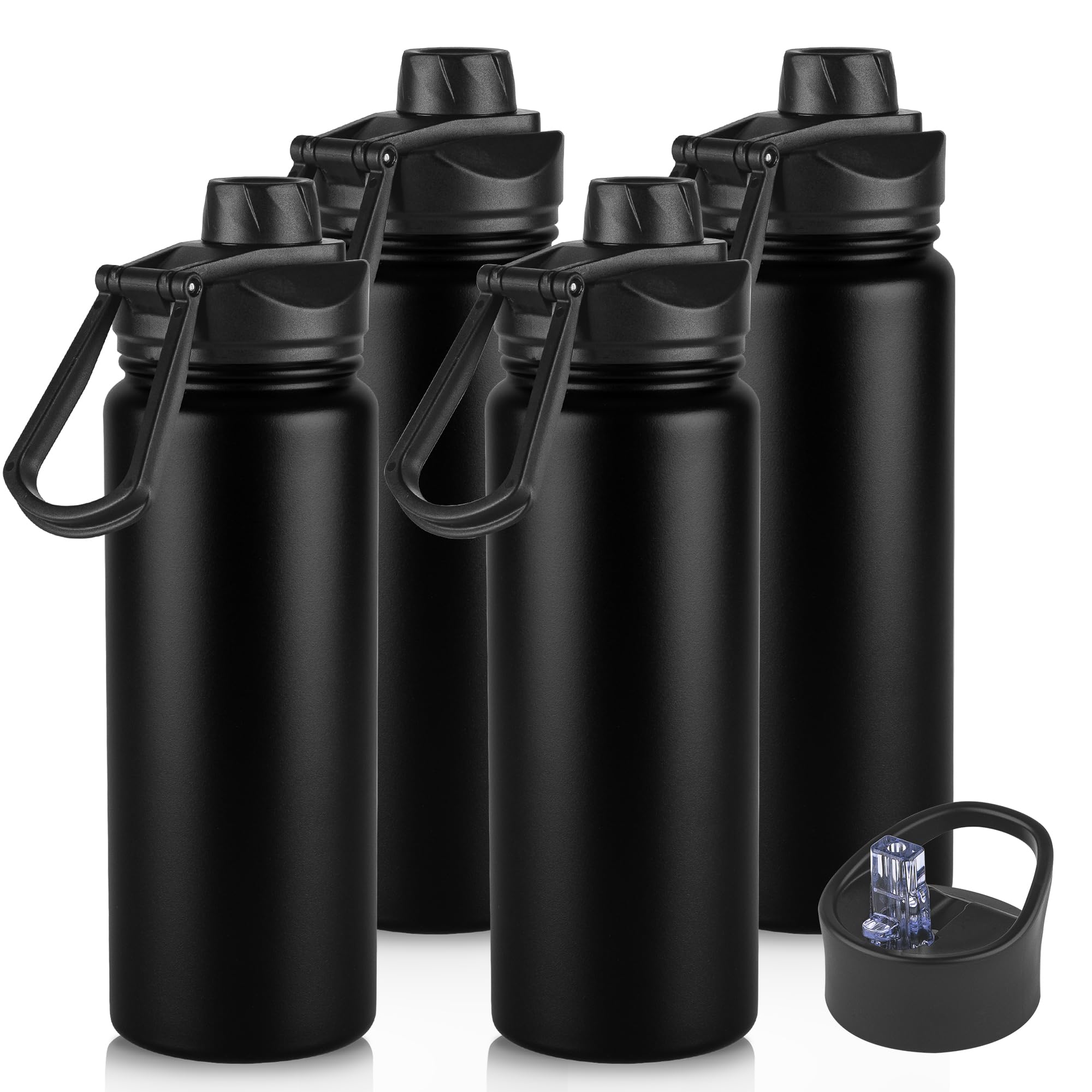 Isolierte Wasserflasche mit Strohhalm-Deckel, Edelstahl-Metall-Wasserflasche mit Strohhalm und breiter Öffnung, doppelwandige Vakuum-Wasserflasche für Wandern, Camping, Schwarz, 4 Stück