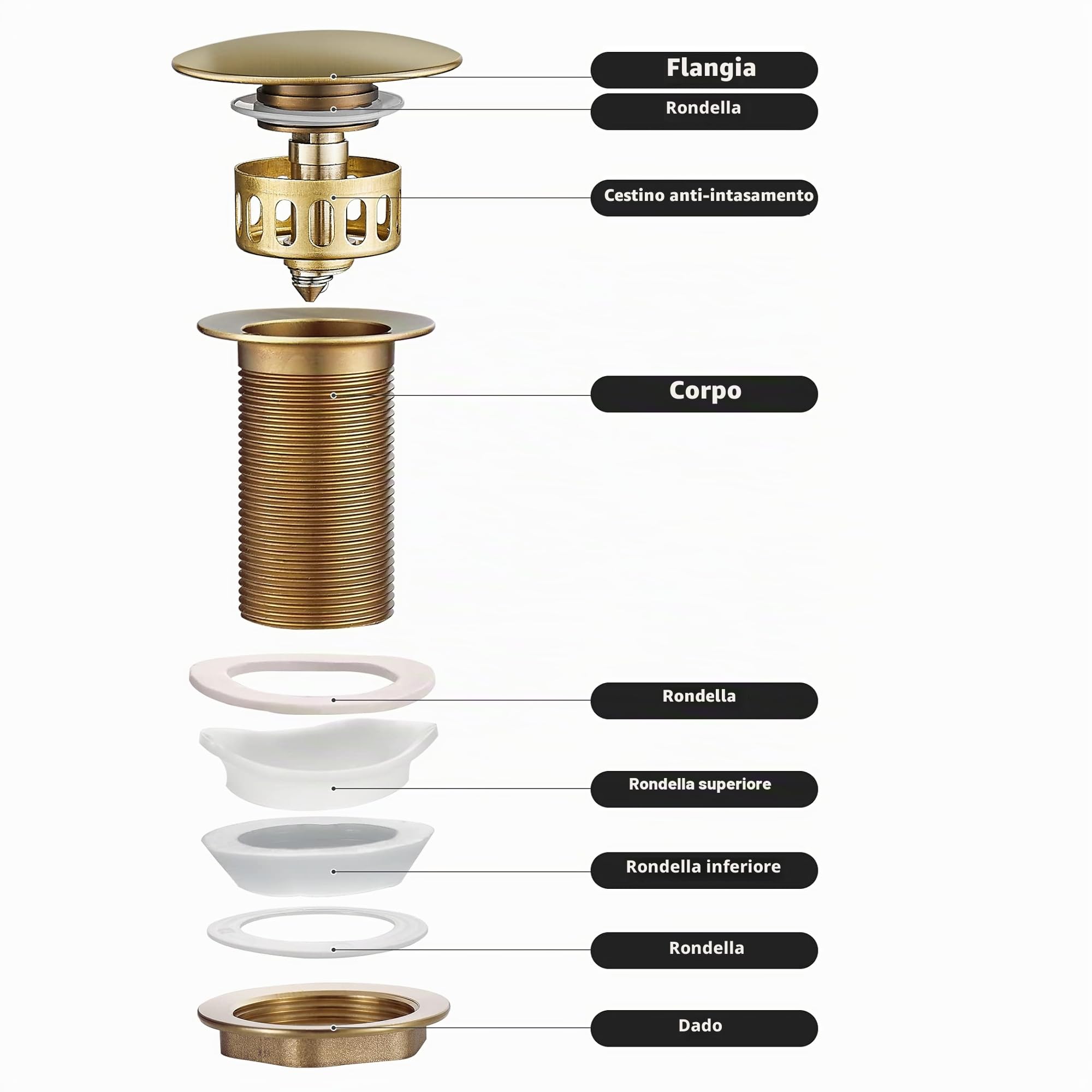 Ottone Lavello per Lavabo Pop-Up, Antico Piletta Click Clack senza Troppo Pieno, Piletta Bidet con Cestello Filtrante Universale