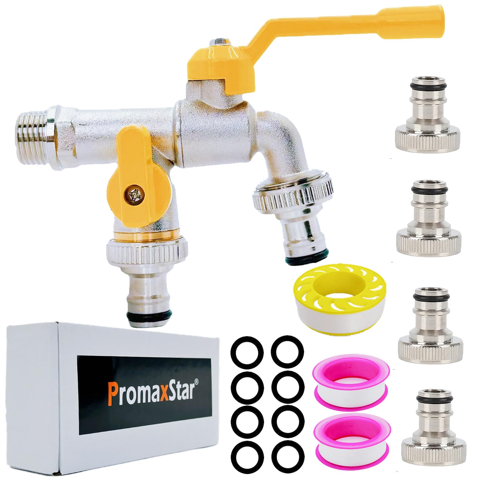 Brass Double Water Tap, 1/2 cala podwójny wylot ogrodowy Tap Antifreeze Double Output Faucets with 4 Connectors für Outdoor Garden Washing Machine Rain Barrel Household Industry (Yellow)