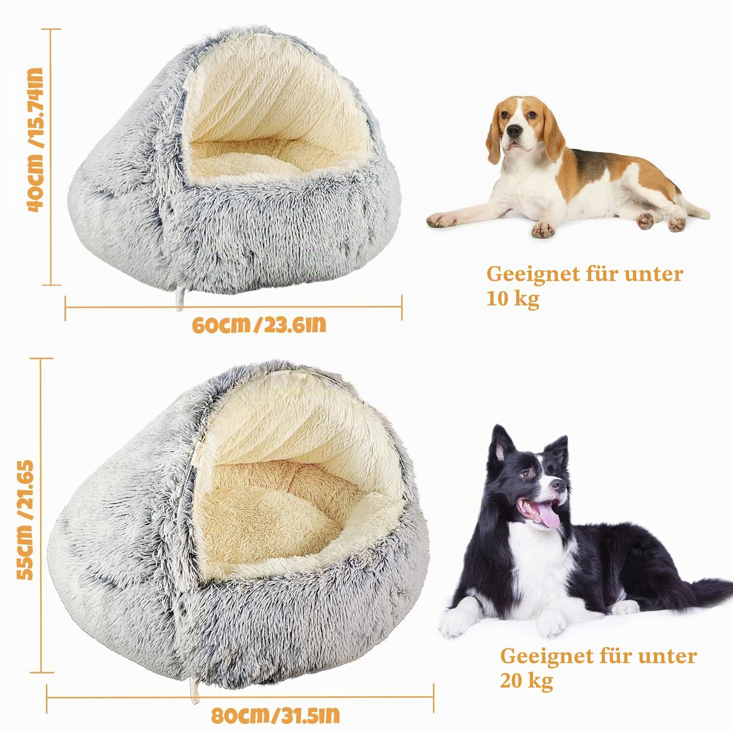 SUOXU Hundebett mit Kapuze und Stützen, Deluxe-Plüsch-Hundehöhlenbett für mittelgroße und kleine Hunde, beruhigendes Anti-Angst-Haustierbett, Abnehmbarer, waschbarer Bezug und rutschfeste Unterseite