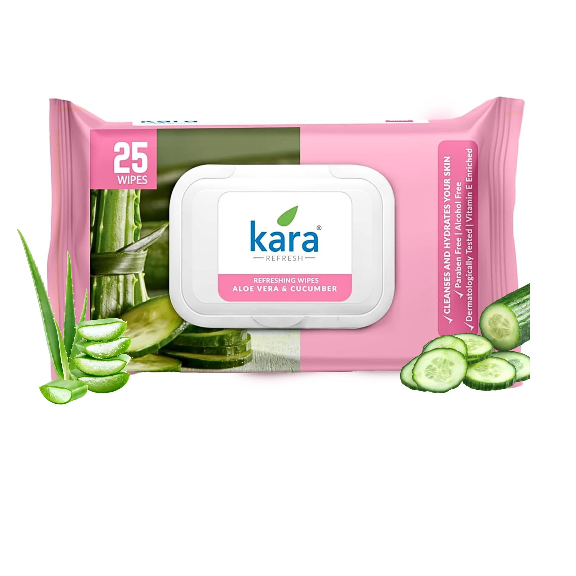 kara Refresh Aloe Vera Cucumber Refreshing Wipes Pulls | Hydrating Facial Cleansing Wipes with Vitamin E | Soft Smooth Skin | Alcohol Free Paraben Free | Gentle Skin Care Travel Pack (25 Count (Pack of 1), Aloe Vera & Cucumber)