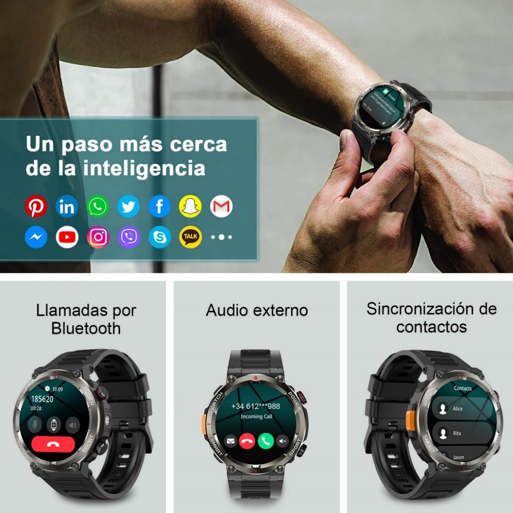 IOWODO Reloj Inteligente Hombre con Llamadas, 1.45" Militar Smartwatch con Linterna y Brújula, 960mAh Batería, 123 Modos Deporte, Monitor Cardíaco 24h/SpO2/Sueño, IP68, 2 Correas(iOS/Android)