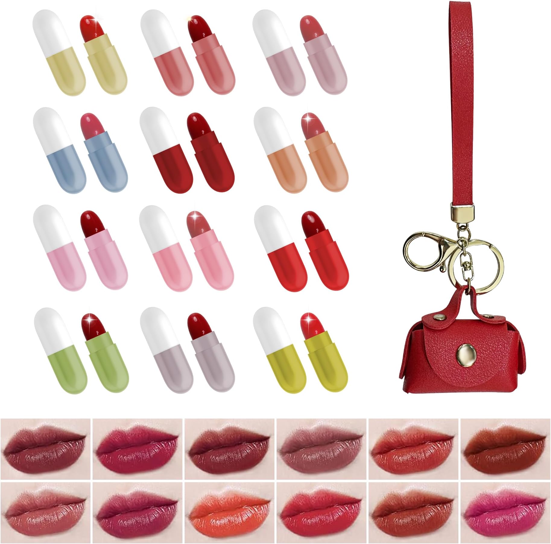 12 Pill Lipstick with 1 Cute Mini Red Leather Bag Key-chain Pouch - Mini Lipstick Velvet Matte, Smooth and Moisturizing Pill Lipsticks, Long-Lasting, Portable and Charming Look All Day Long