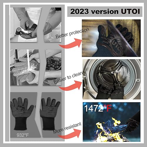 Miniatura 2 de UTOI Guantes de parrilla para barbacoa, guantes de barbacoa resistentes al calor de 1472 F, guantes de cocina antideslizantes de silicona para