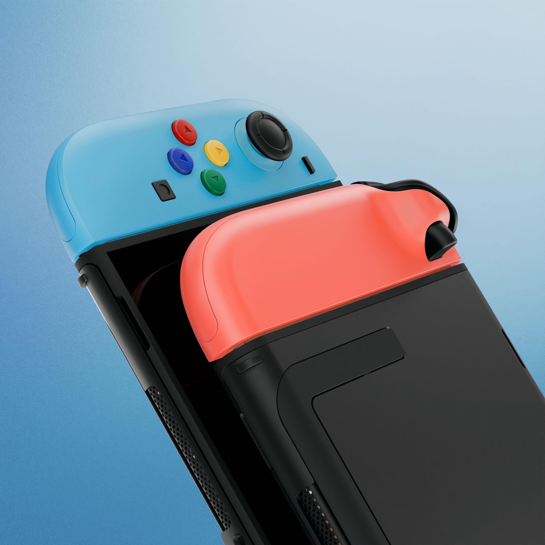 eXtremeRate Ersatz Case & Buttons Set für Switch 2 Joycons, Essence Version DIY-Faceplate/Back Cover/Griff Deko Streifen/ABXY D-Pad-Tasten Zubehör für Nintendo Switch 2 Joy Con-Blau&Orange