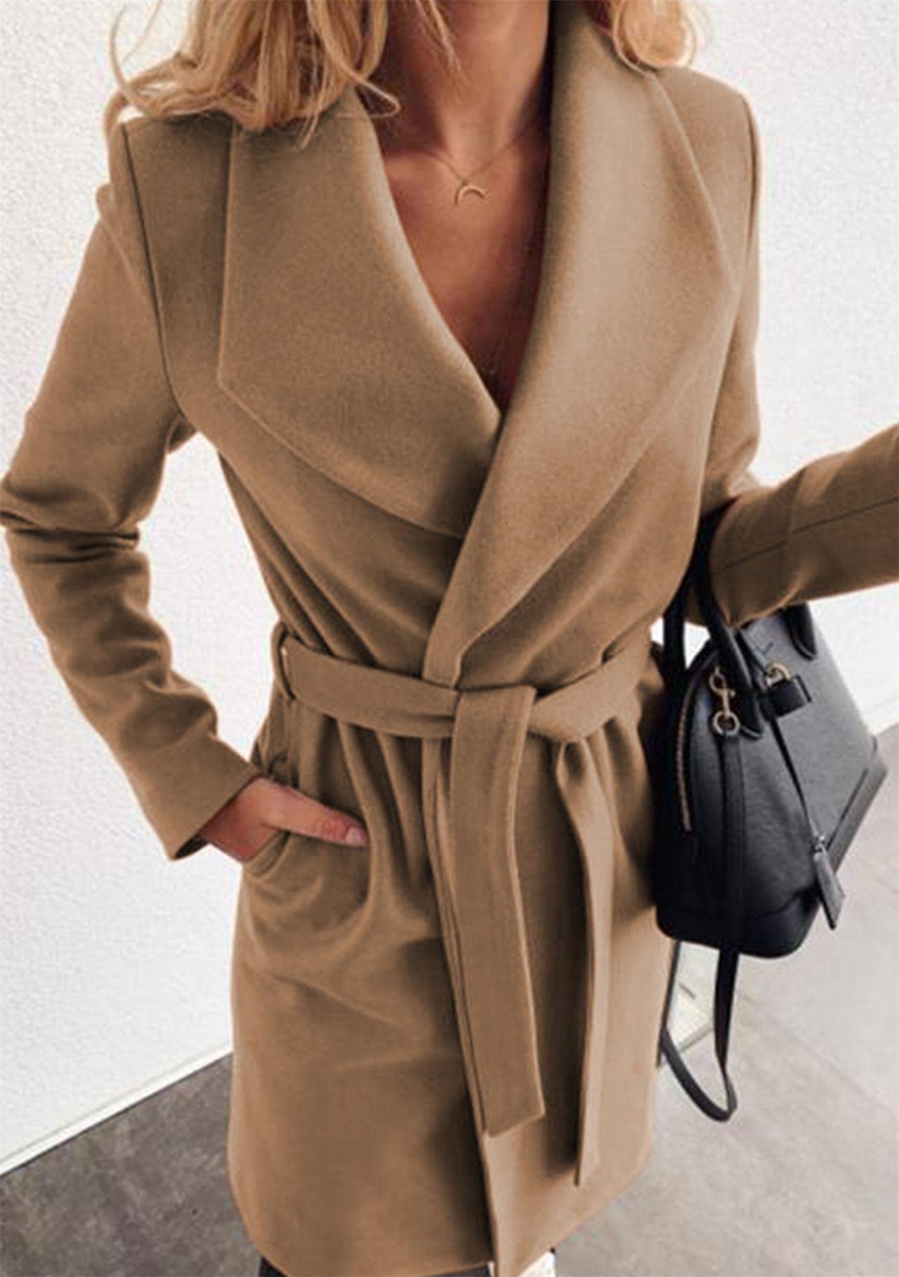YMING Donna Cappotto Elegante Con Risvolto In Misto Lana Cappotto Con Cintura In Vita Avvolgere Lungo Trench Pea Jacket